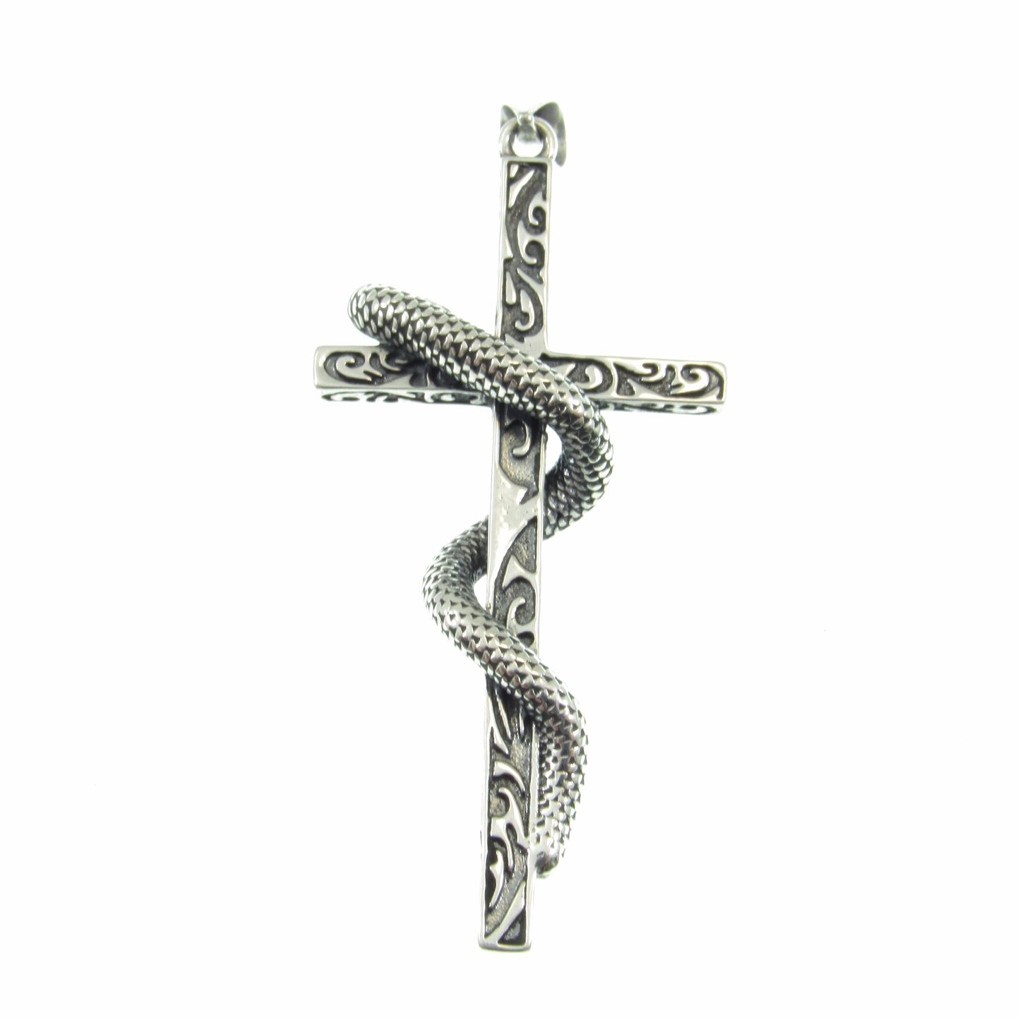 Solid 925 Sterling Silver Slithering Snake on Christian Cross Pendant, Ornate Religious Jewelry for Men and Women, Gothic Cross with Serpent