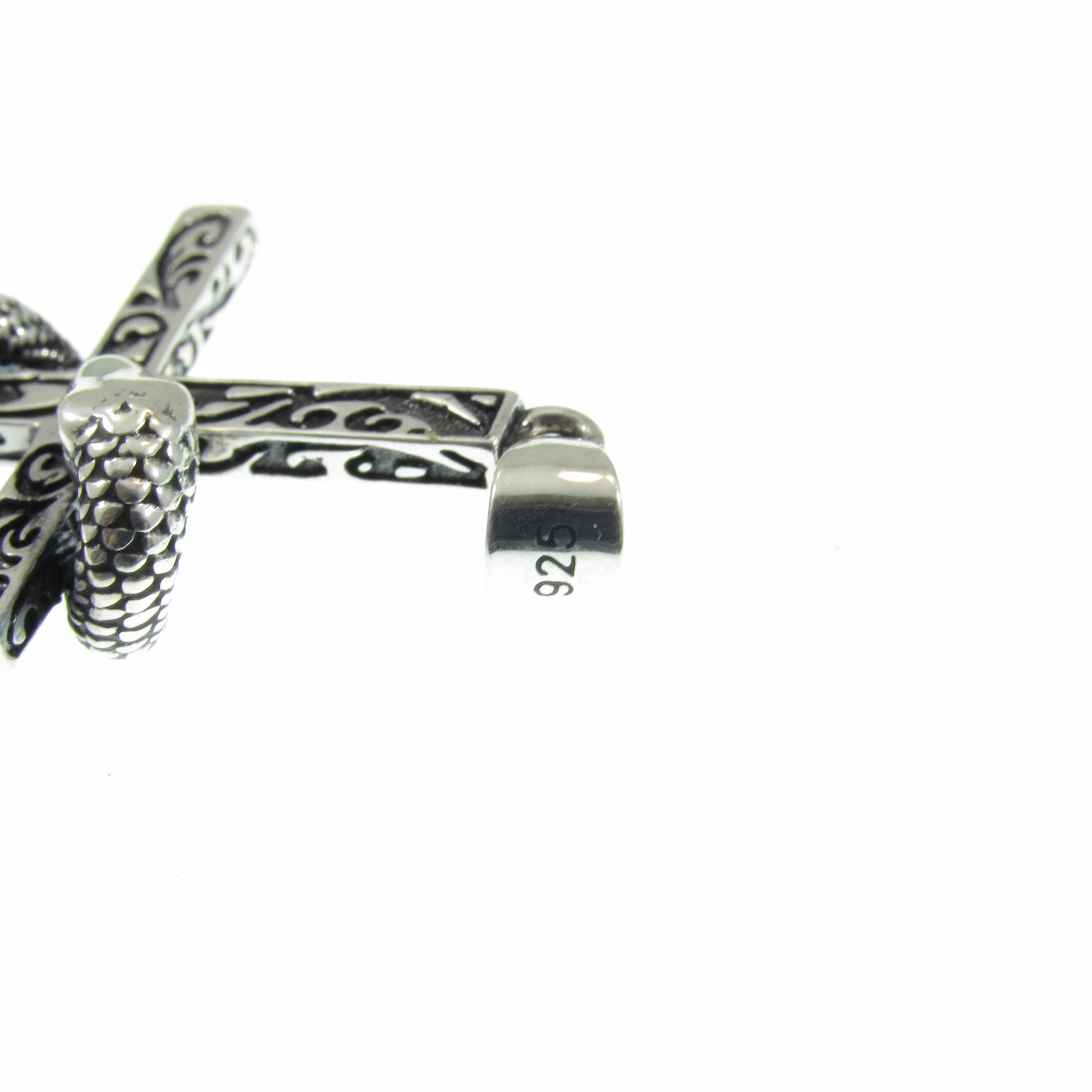 Solid 925 Sterling Silver Slithering Snake on Christian Cross Pendant, Ornate Religious Jewelry for Men and Women, Gothic Cross with Serpent