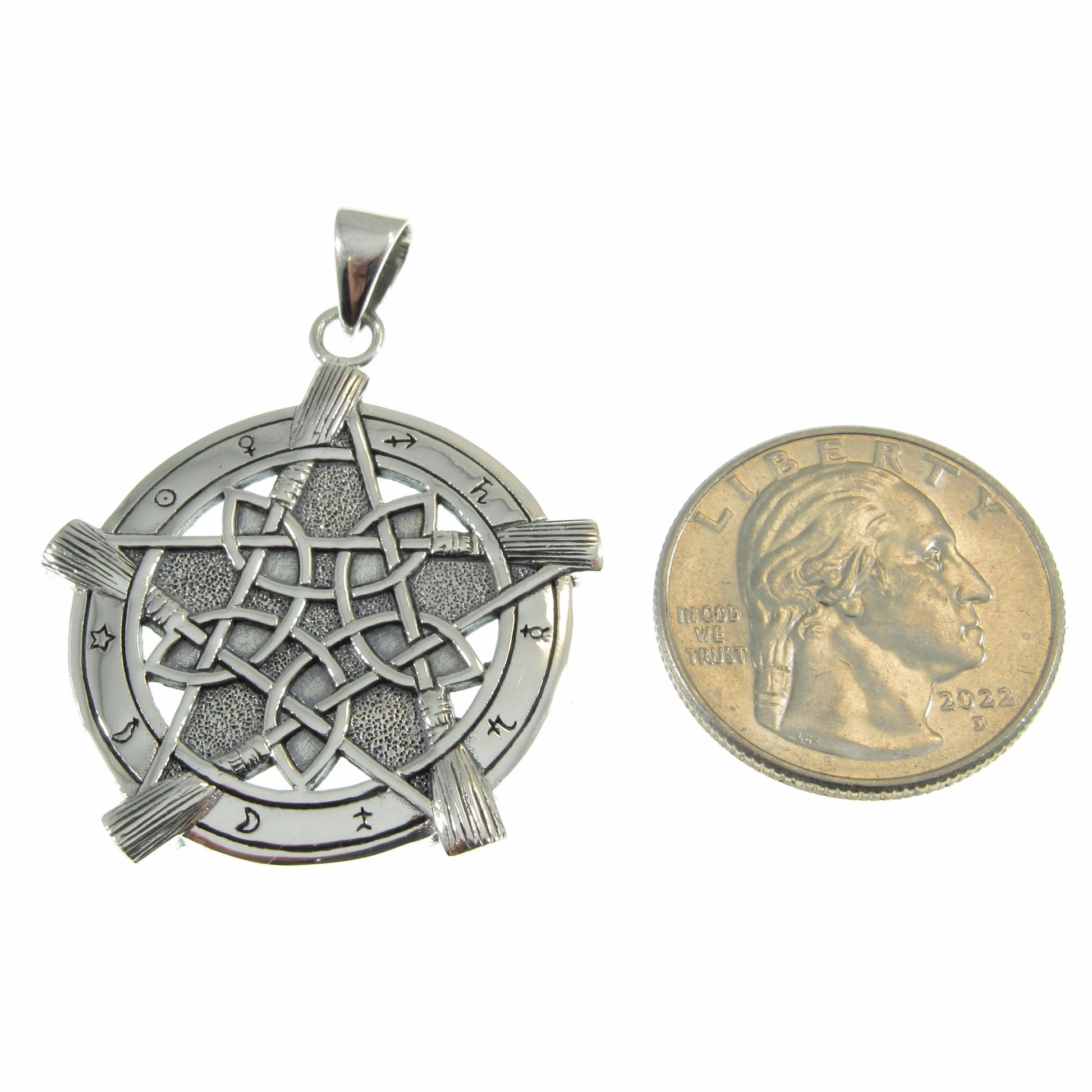 Solid 925 Sterling Silver Universe Broom Pentacle Pendant, Pentagram with Zodiac Symbols, Pagan Jewelry Amulet, Wiccan Talisman