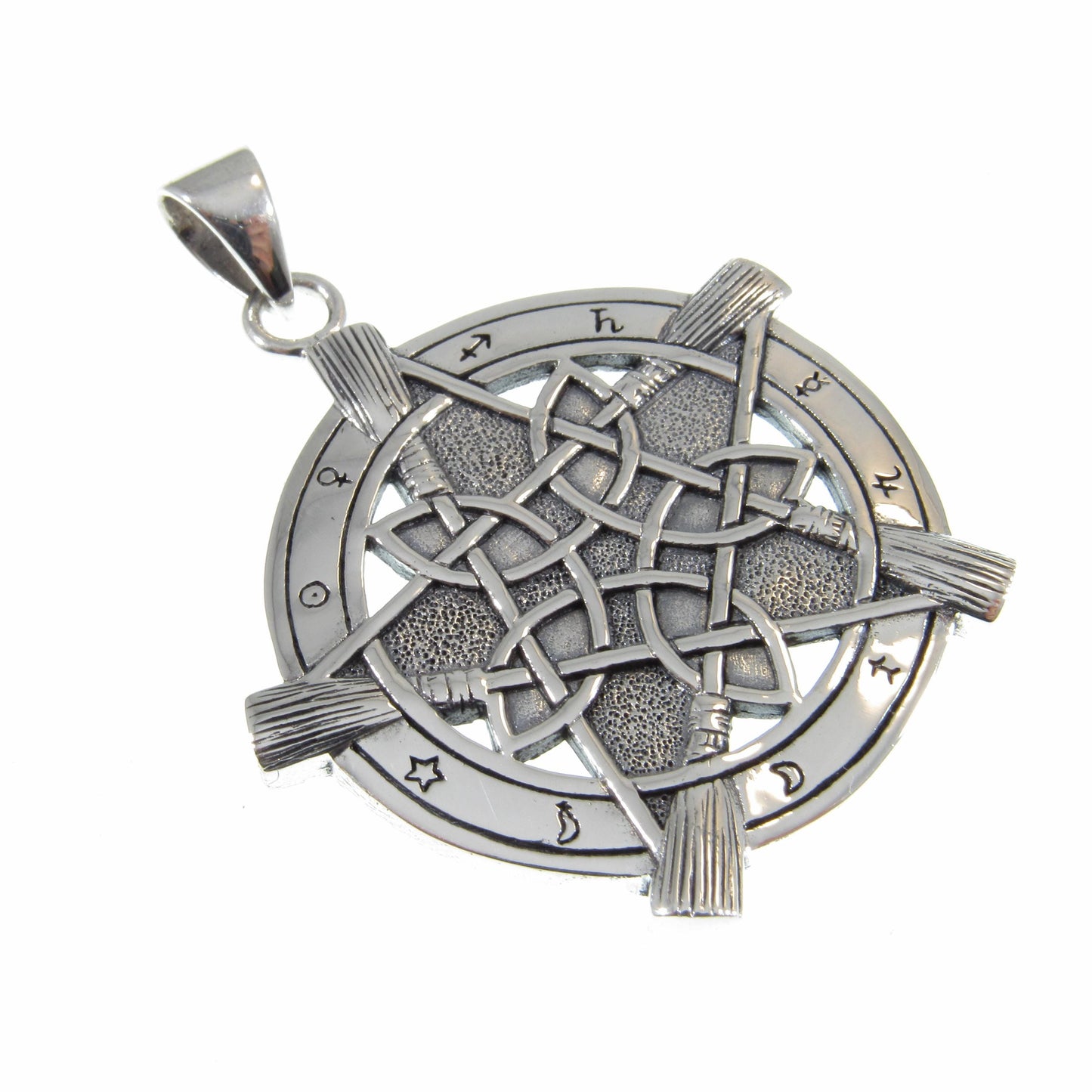 Solid 925 Sterling Silver Universe Broom Pentacle Pendant, Pentagram with Zodiac Symbols, Pagan Jewelry Amulet, Wiccan Talisman