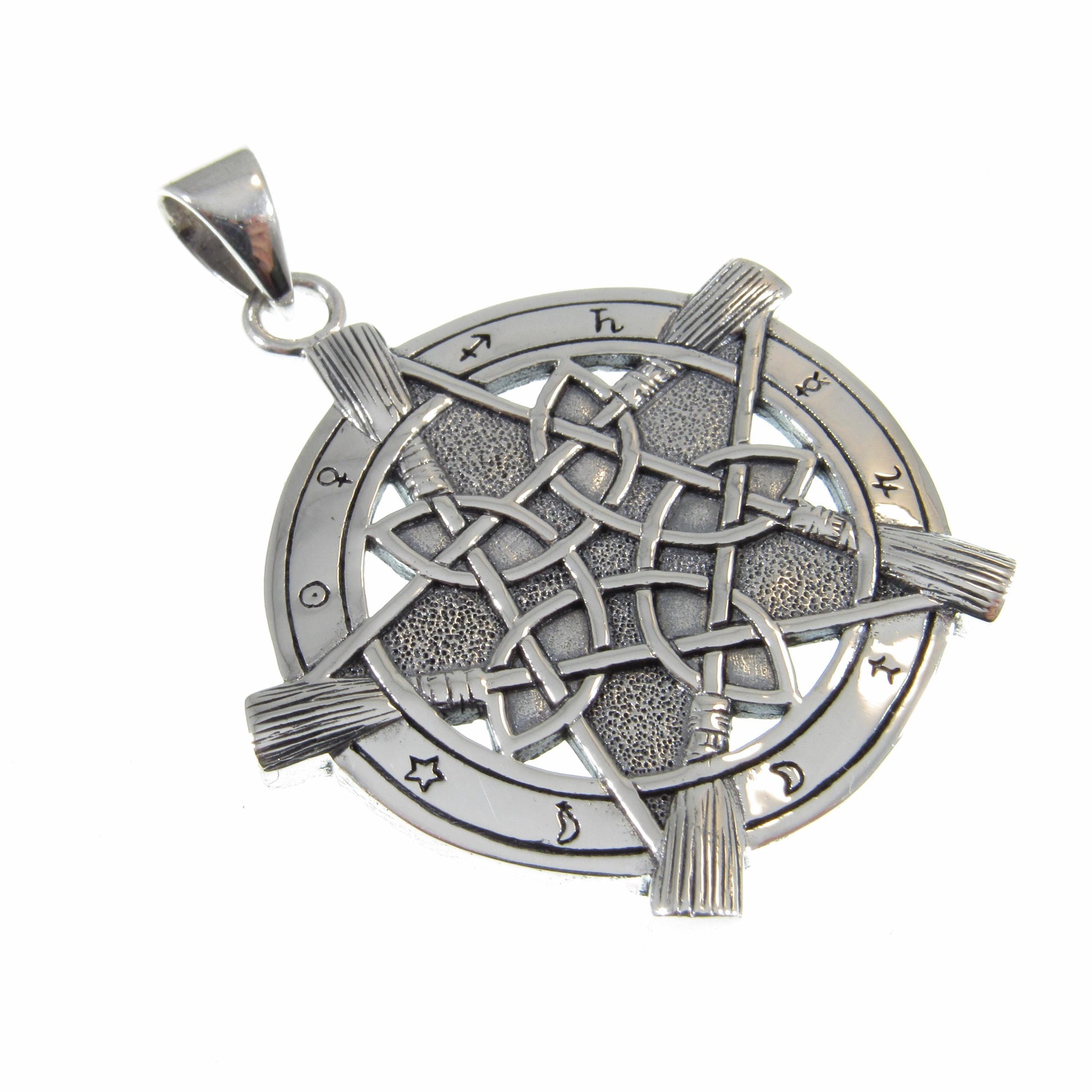 Solid 925 Sterling Silver Universe Broom Pentacle Pendant, Pentagram with Zodiac Symbols, Pagan Jewelry Amulet, Wiccan Talisman