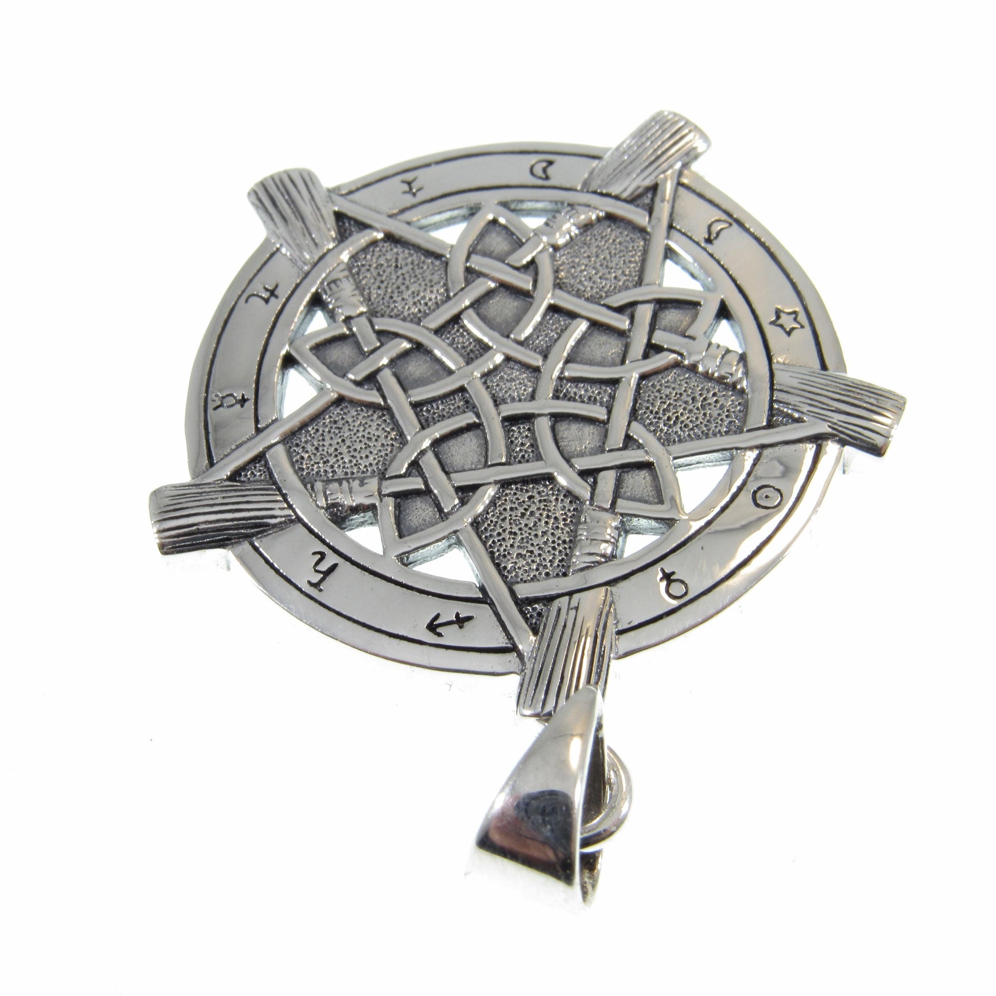 Solid 925 Sterling Silver Universe Broom Pentacle Pendant, Pentagram with Zodiac Symbols, Pagan Jewelry Amulet, Wiccan Talisman