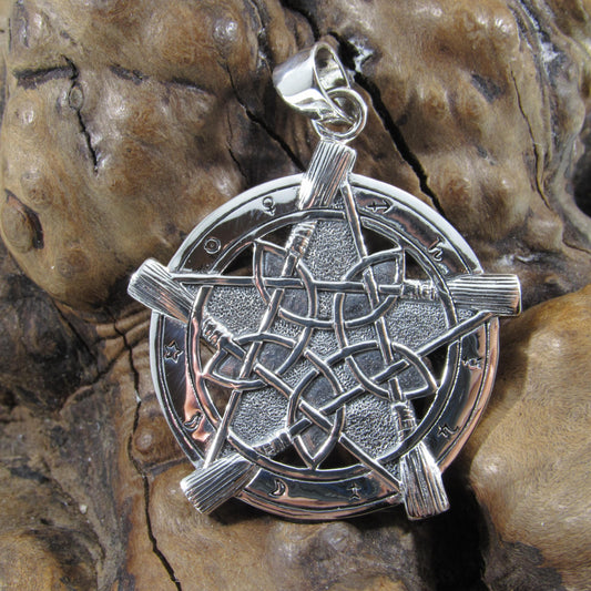 Solid 925 Sterling Silver Universe Broom Pentacle Pendant, Pentagram with Zodiac Symbols, Pagan Jewelry Amulet, Wiccan Talisman