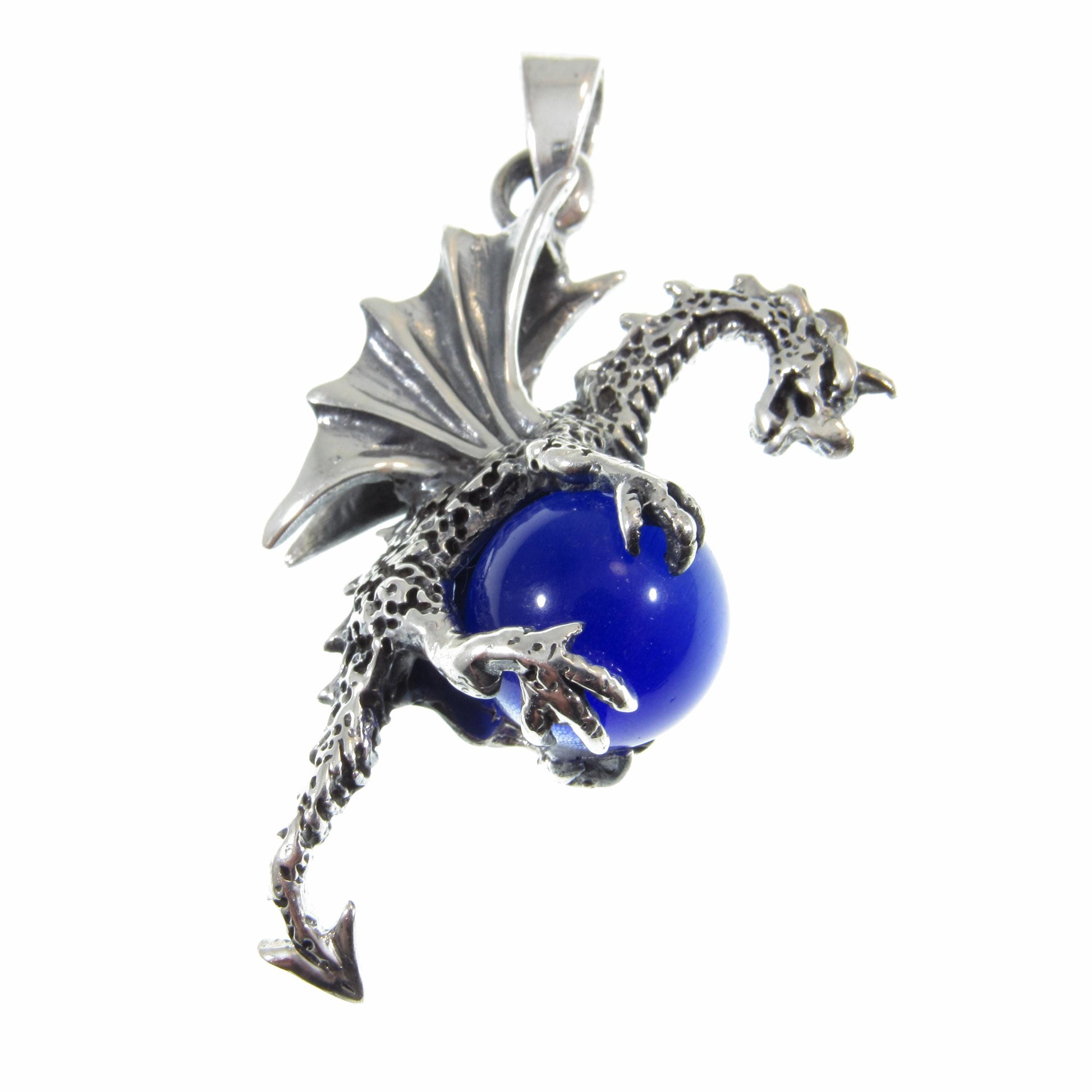 Solid 925 Sterling Silver Large 3D Dragon Pendant, Bright Blue Cat's Eye Quartz Gemstone Sphere, Handcrafted Fantasy and Fairytale Jewelry