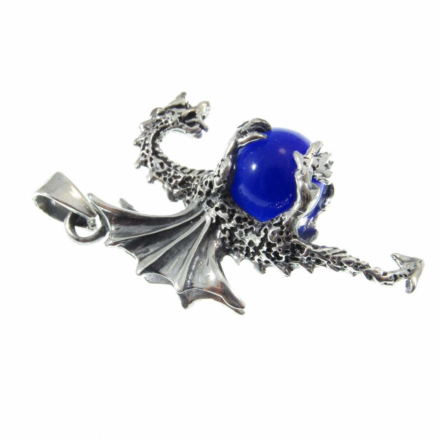 Solid 925 Sterling Silver Large 3D Dragon Pendant, Bright Blue Cat's Eye Quartz Gemstone Sphere, Handcrafted Fantasy and Fairytale Jewelry
