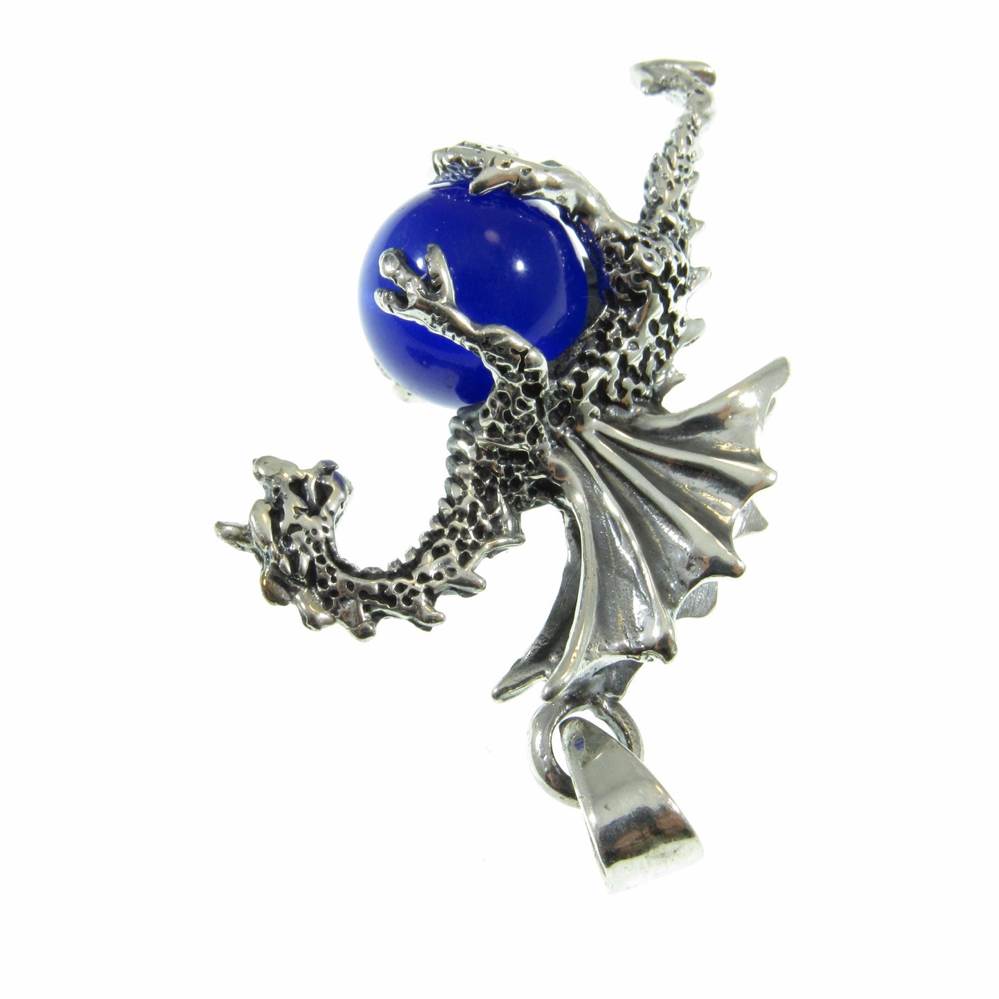 Solid 925 Sterling Silver Large 3D Dragon Pendant, Bright Blue Cat's Eye Quartz Gemstone Sphere, Handcrafted Fantasy and Fairytale Jewelry