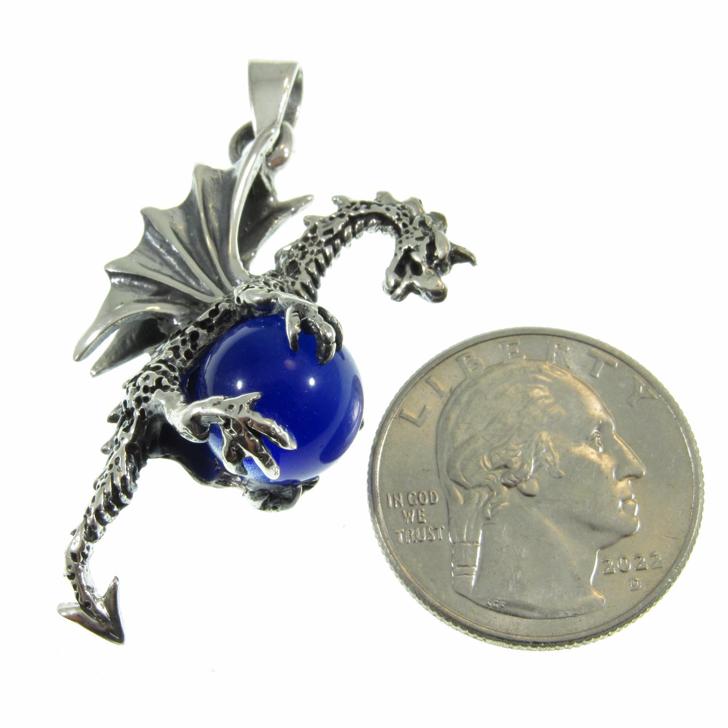 Solid 925 Sterling Silver Large 3D Dragon Pendant, Bright Blue Cat's Eye Quartz Gemstone Sphere, Handcrafted Fantasy and Fairytale Jewelry