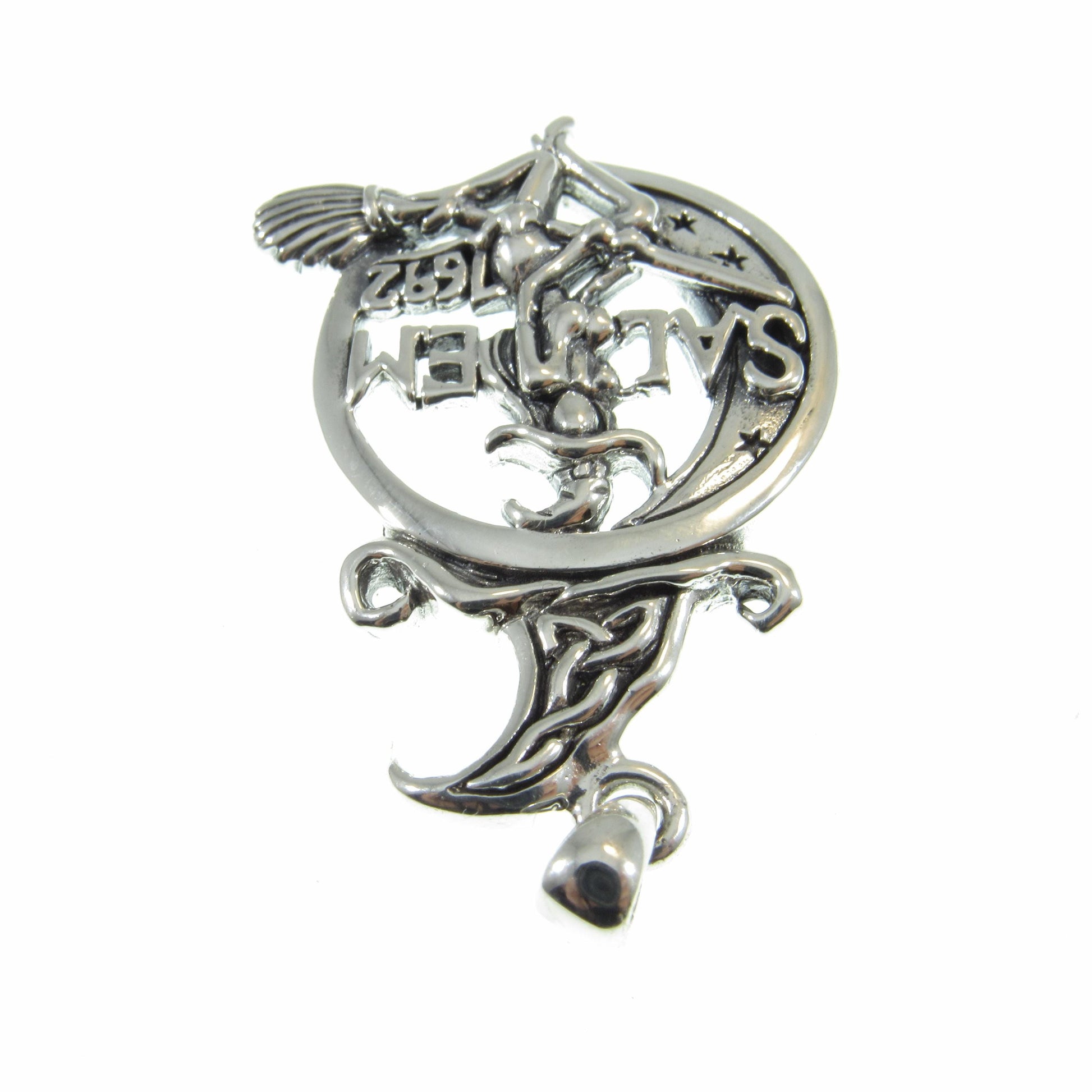 Solid 925 Sterling Silver Salem Witch Pendant, 1692 Salem Witch Trial Amulet, Occultist Flying on Broom, Celtic Knots Crescent Moon Pendant