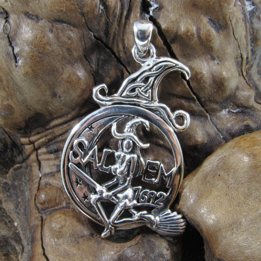 Solid 925 Sterling Silver Salem Witch Pendant, 1692 Salem Witch Trial Amulet, Occultist Flying on Broom, Celtic Knots Crescent Moon Pendant