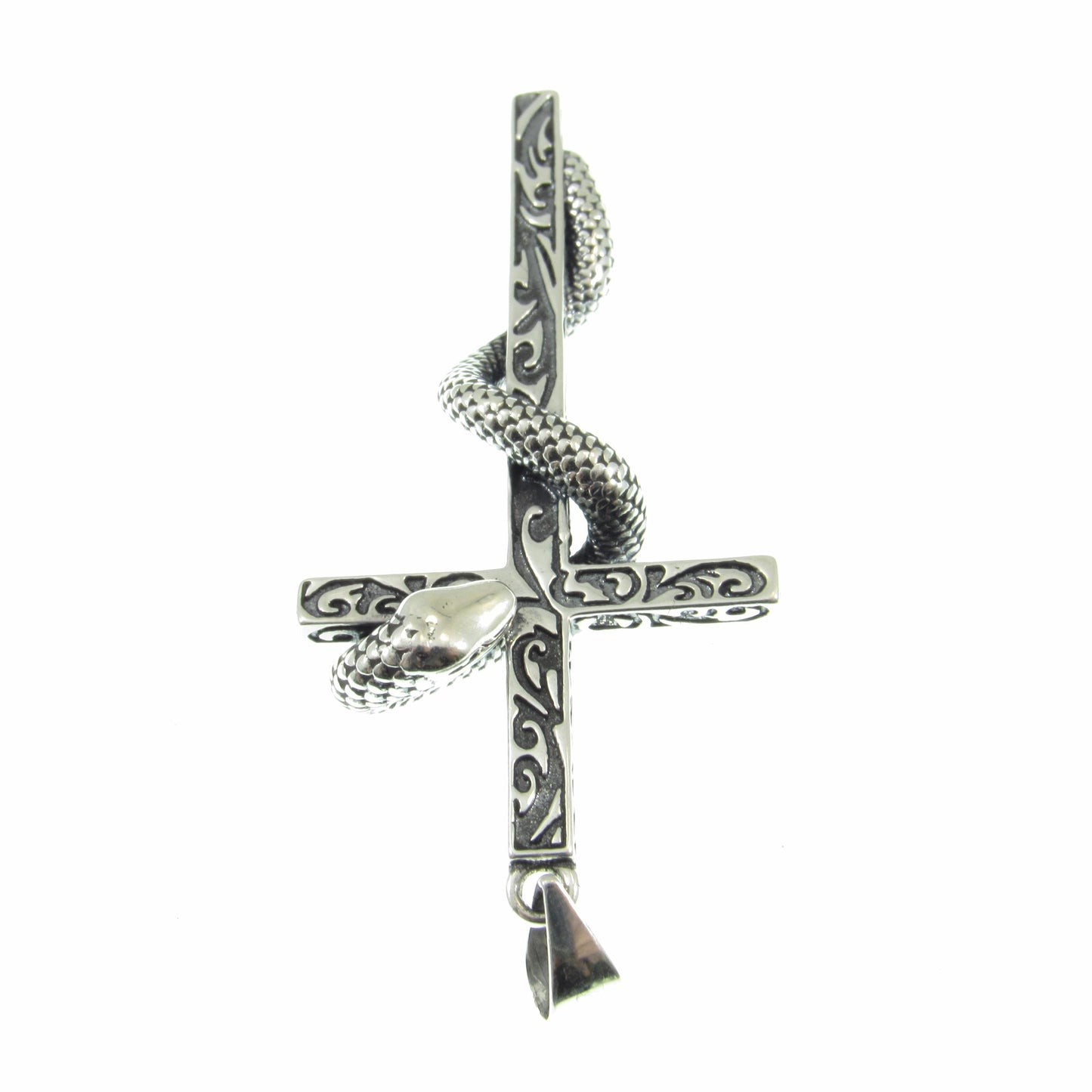 Solid 925 Sterling Silver Slithering Snake on Christian Cross Pendant, Ornate Religious Jewelry for Men and Women, Gothic Cross with Serpent