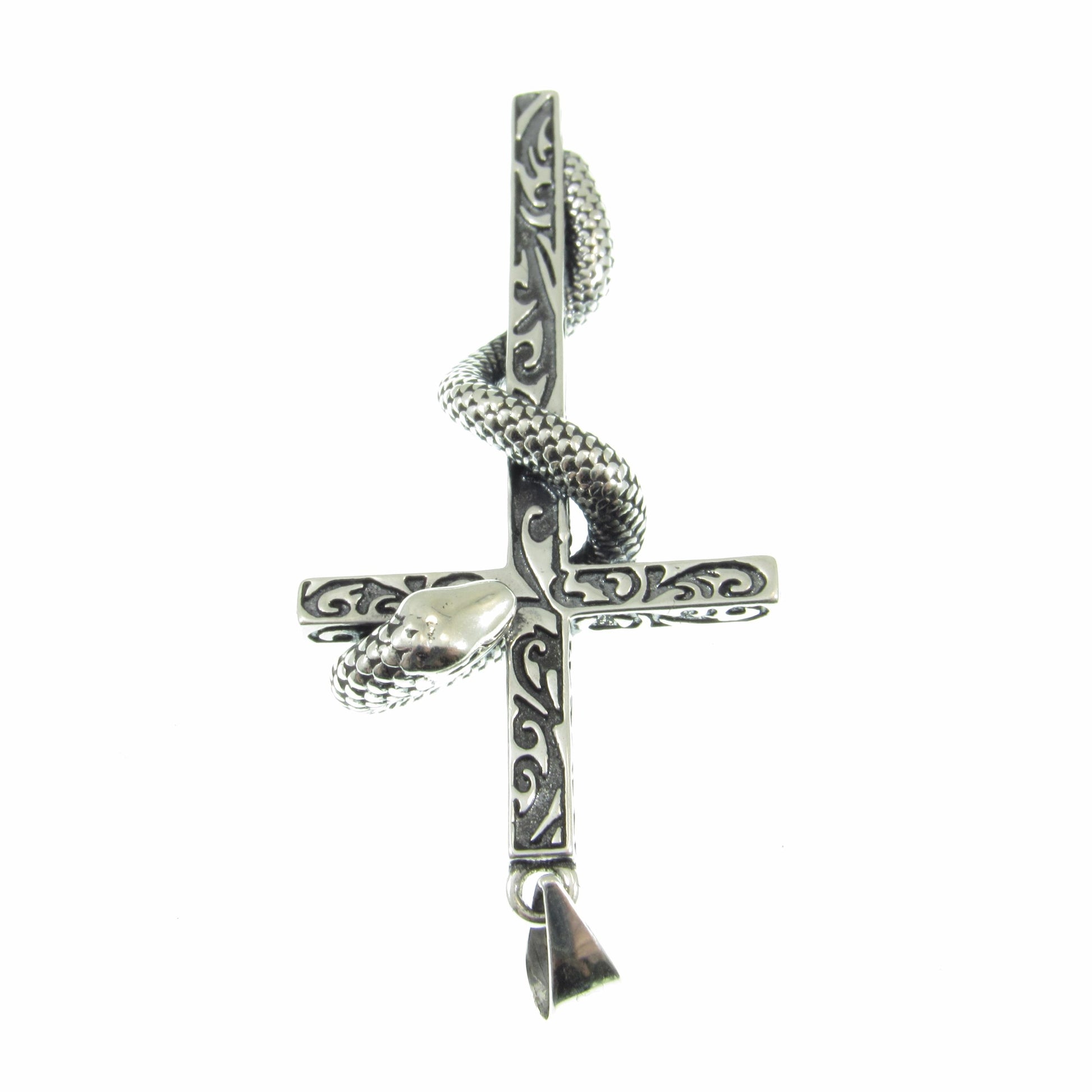 Solid 925 Sterling Silver Slithering Snake on Christian Cross Pendant, Ornate Religious Jewelry for Men and Women, Gothic Cross with Serpent