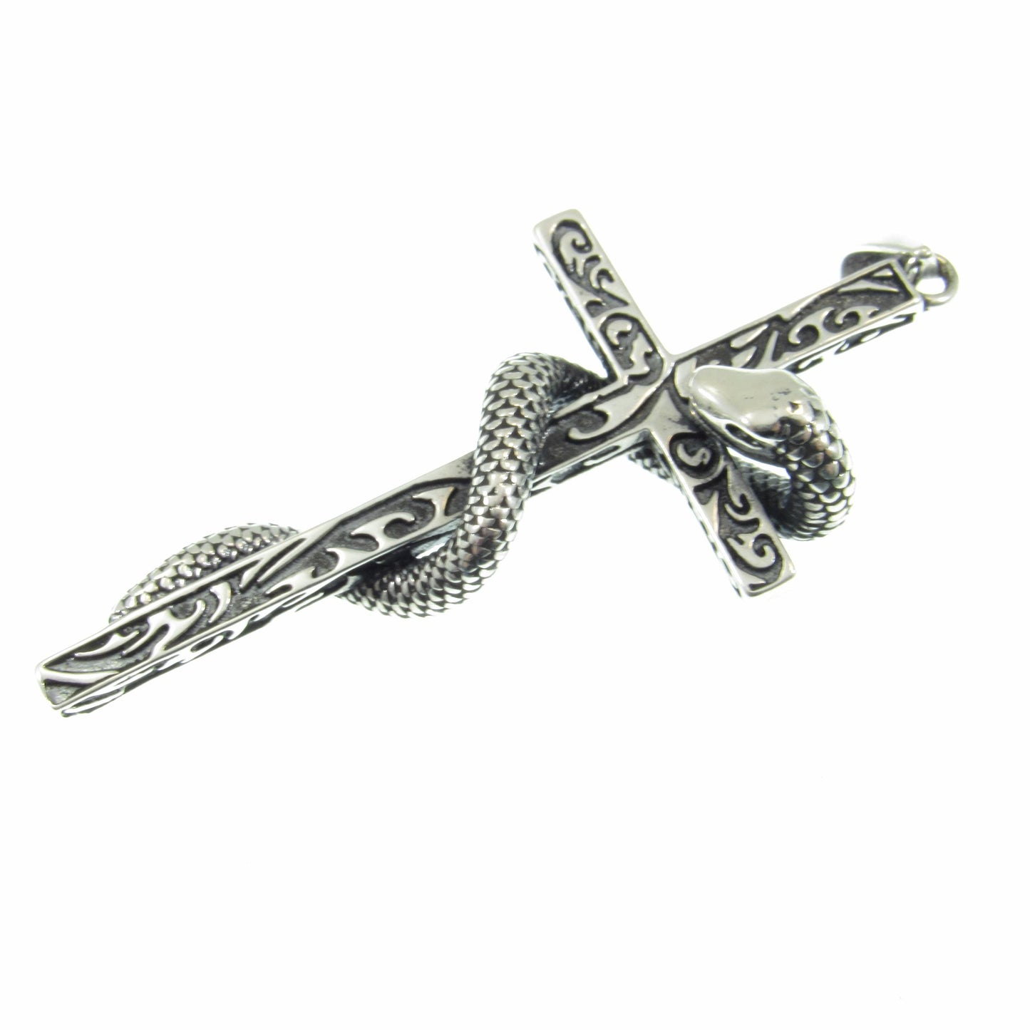Solid 925 Sterling Silver Slithering Snake on Christian Cross Pendant, Ornate Religious Jewelry for Men and Women, Gothic Cross with Serpent
