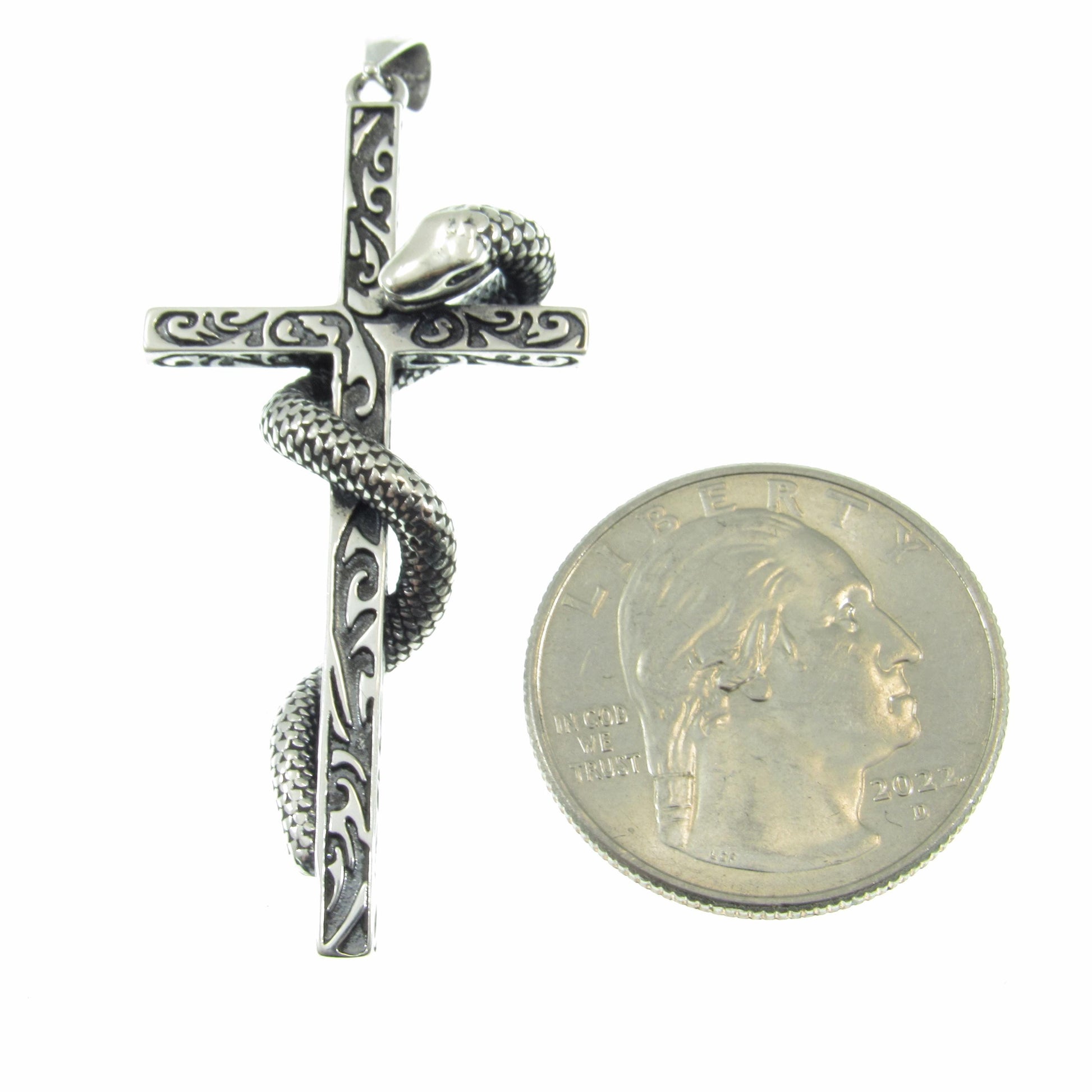 Solid 925 Sterling Silver Slithering Snake on Christian Cross Pendant, Ornate Religious Jewelry for Men and Women, Gothic Cross with Serpent