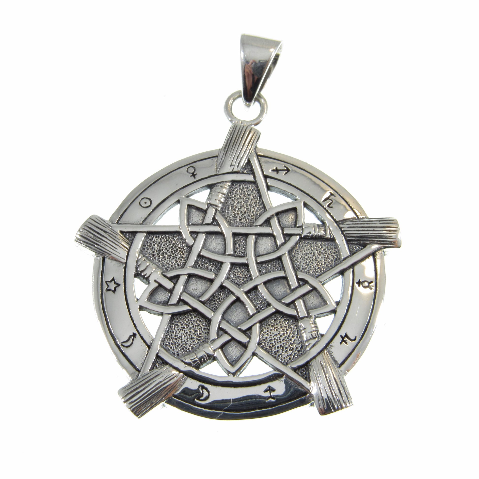 Solid 925 Sterling Silver Universe Broom Pentacle Pendant, Pentagram with Zodiac Symbols, Pagan Jewelry Amulet, Wiccan Talisman