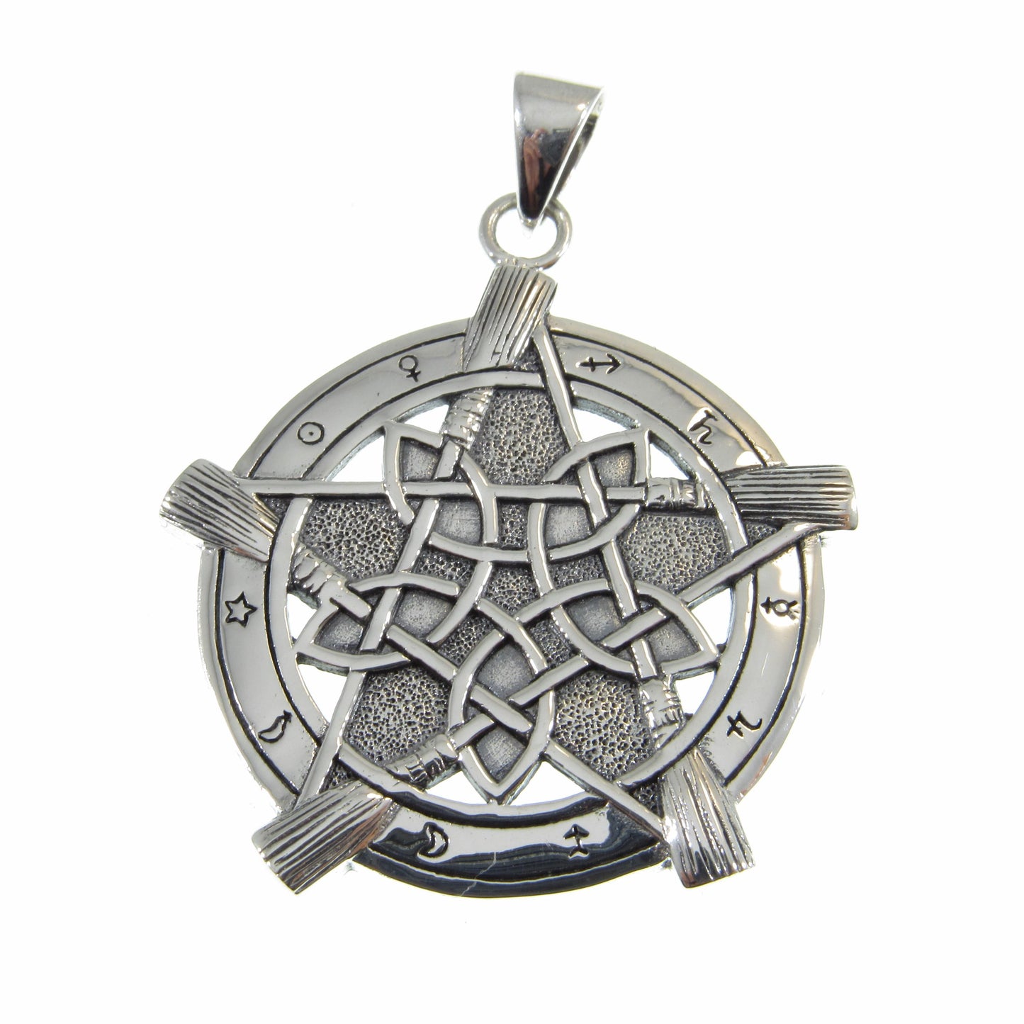 Solid 925 Sterling Silver Universal Broom Pentacle Pendant with Zodiac Symbols, Pagan Jewelry Amulet