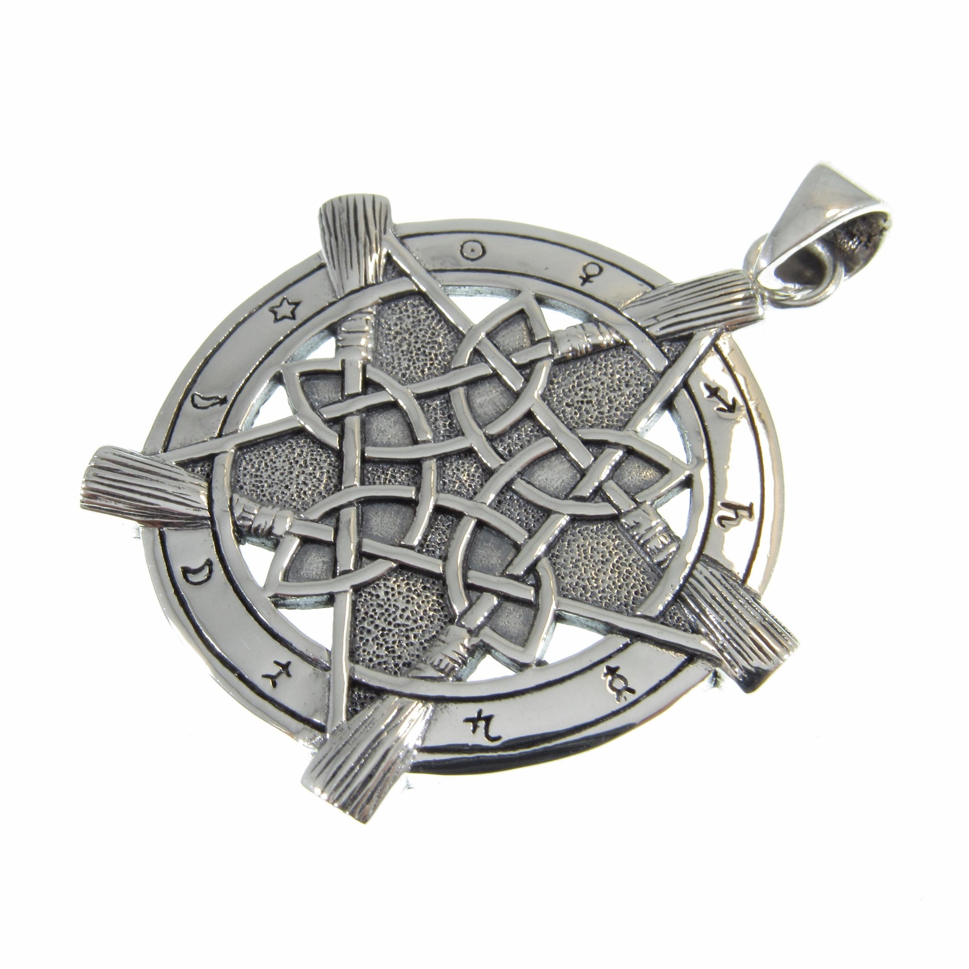 Solid 925 Sterling Silver Universe Broom Pentacle Pendant, Pentagram with Zodiac Symbols, Pagan Jewelry Amulet, Wiccan Talisman