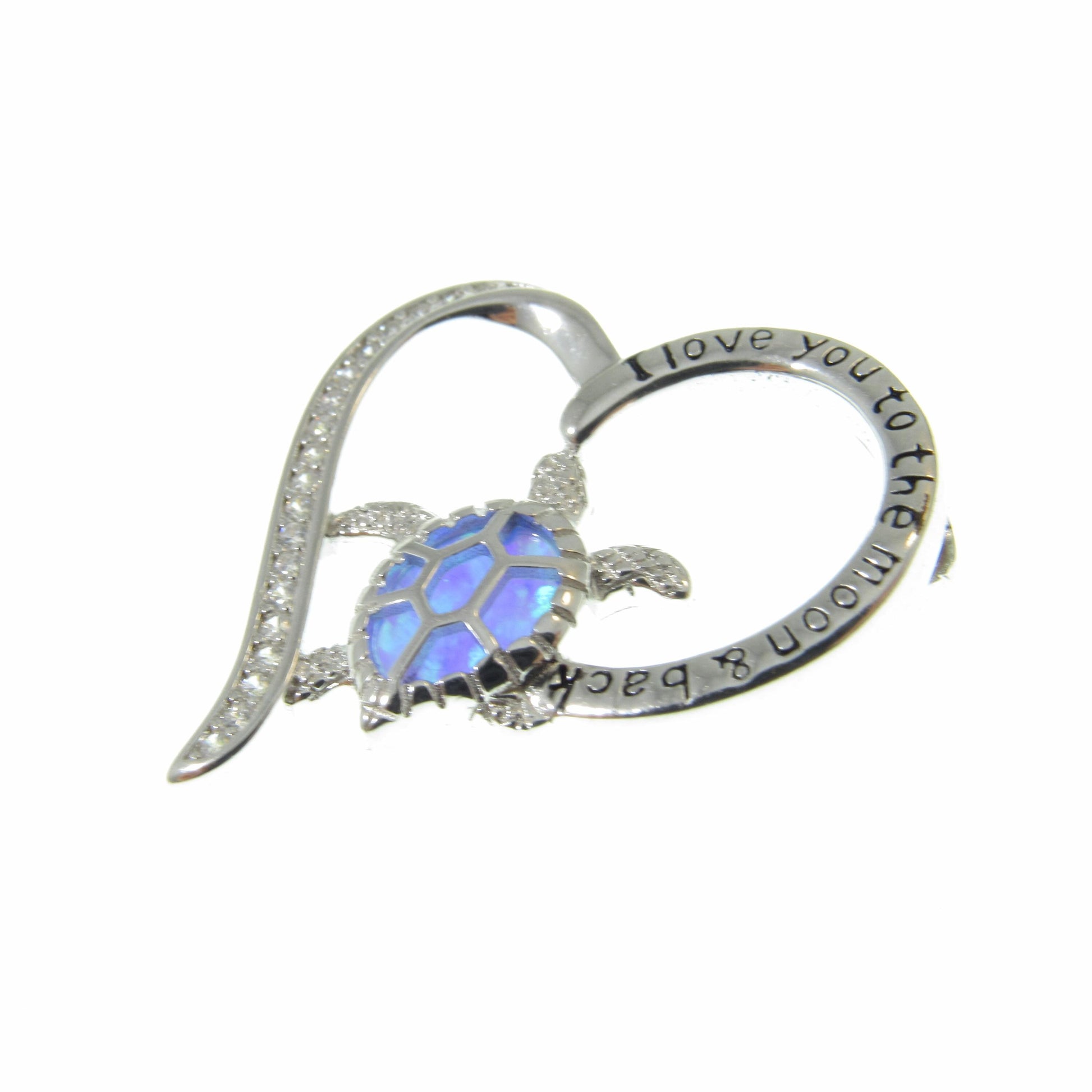 Solid 925 Sterling Silver and Blue or White Opal Turtle Heart Pendant, Engraved "I Love You to the Moon and Back" Handcrafted Jewelry