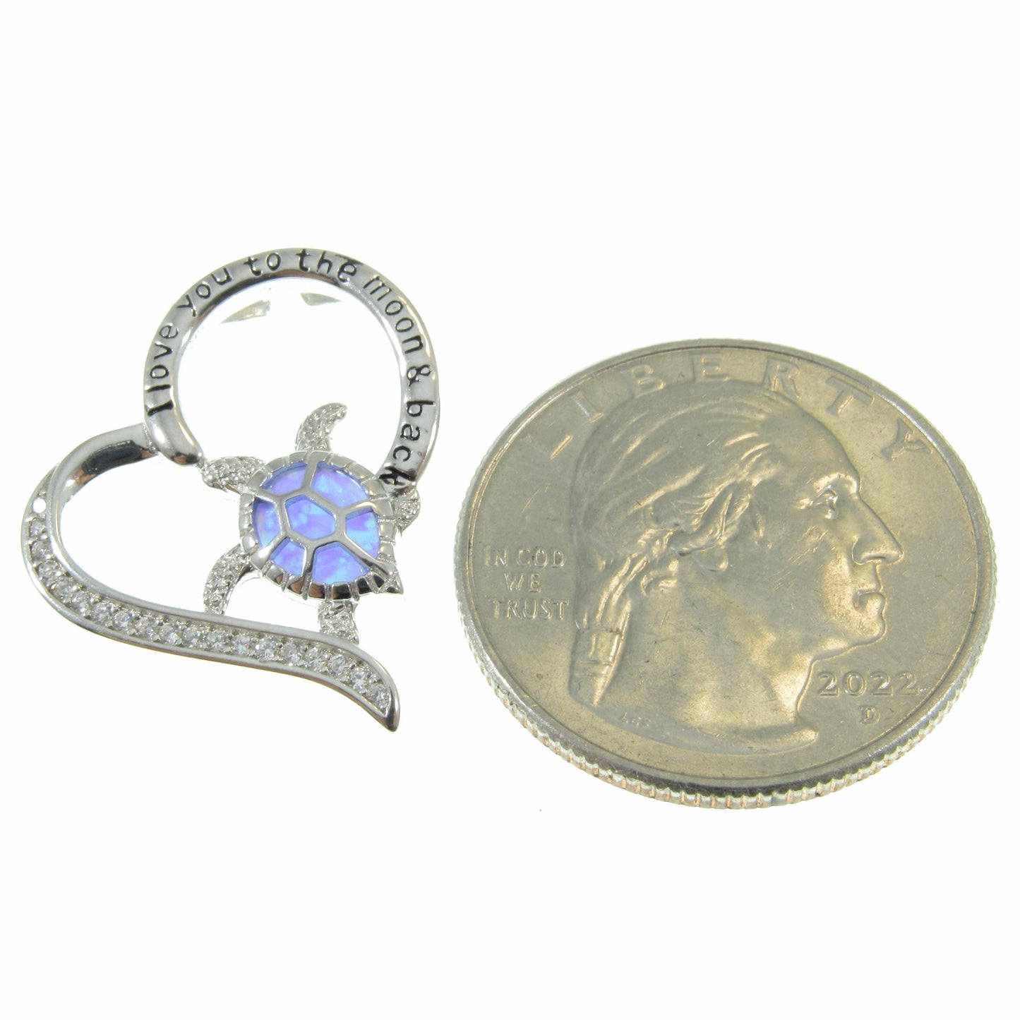 Solid 925 Sterling Silver and Blue or White Opal Turtle Heart Pendant, Engraved "I Love You to the Moon and Back" Handcrafted Jewelry