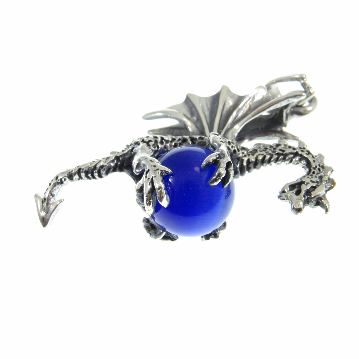 Solid 925 Sterling Silver Large 3D Dragon Pendant, Bright Blue Cat's Eye Quartz Gemstone Sphere, Handcrafted Fantasy and Fairytale Jewelry