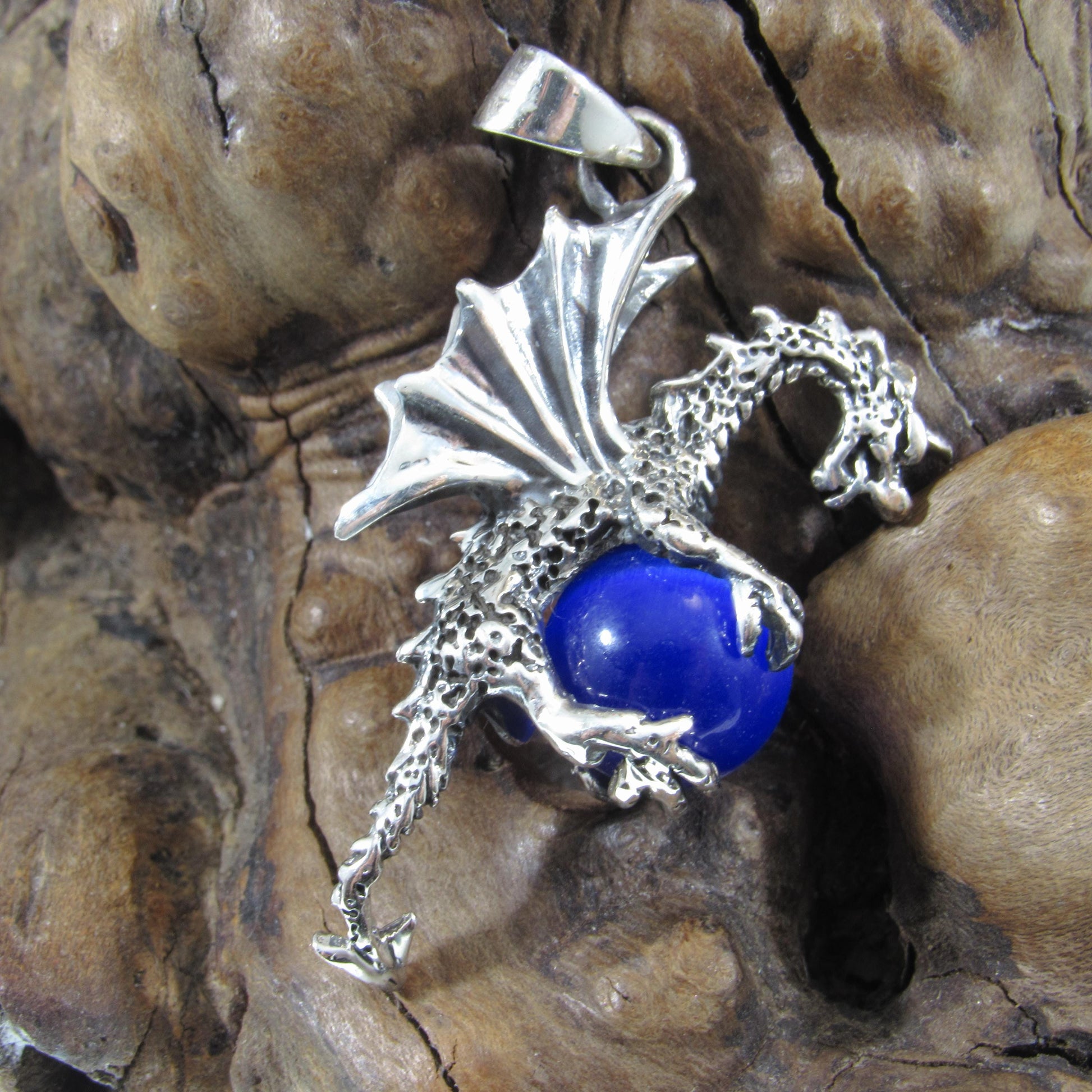 Solid 925 Sterling Silver Large 3D Dragon Pendant, Bright Blue Cat's Eye Quartz Gemstone Sphere, Handcrafted Fantasy and Fairytale Jewelry