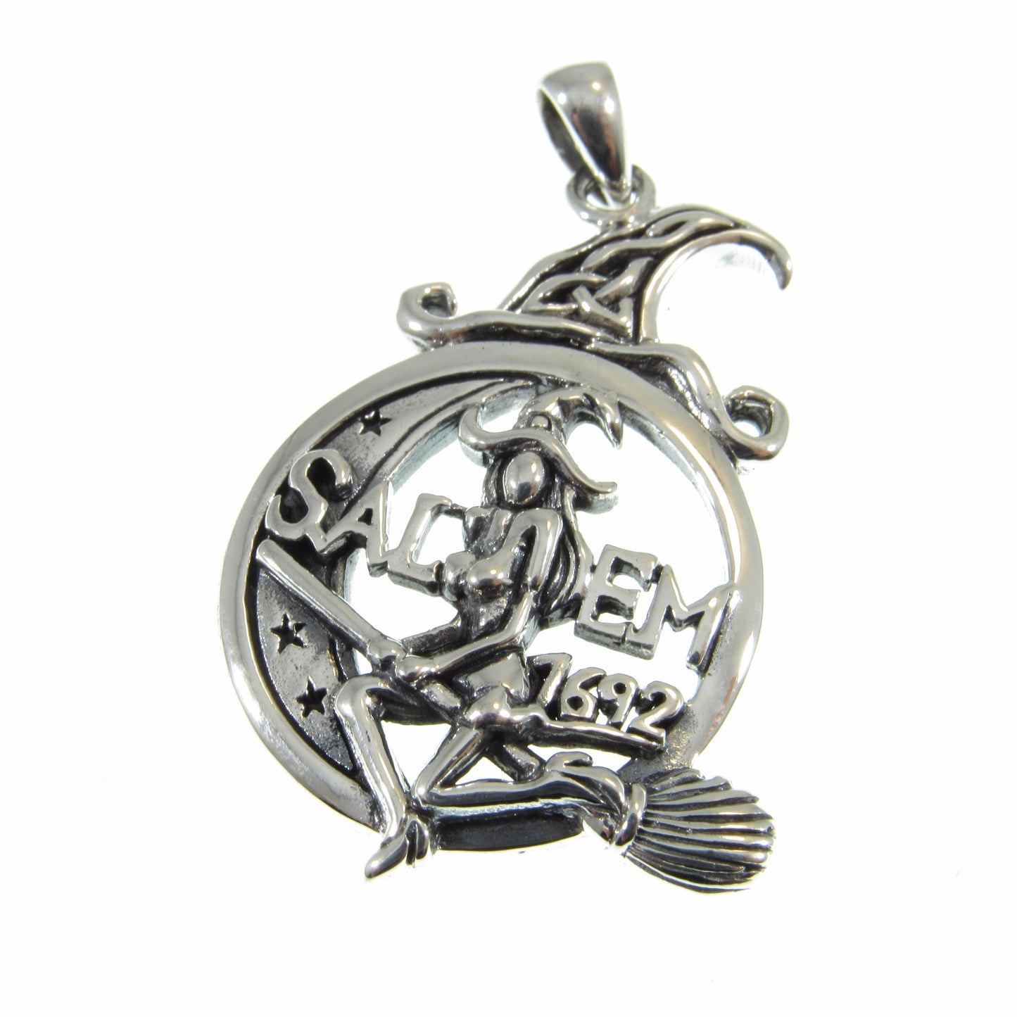 Solid 925 Sterling Silver Salem Witch Pendant, 1692 Salem Witch Trial Amulet, Occultist Flying on Broom, Celtic Knots Crescent Moon Pendant