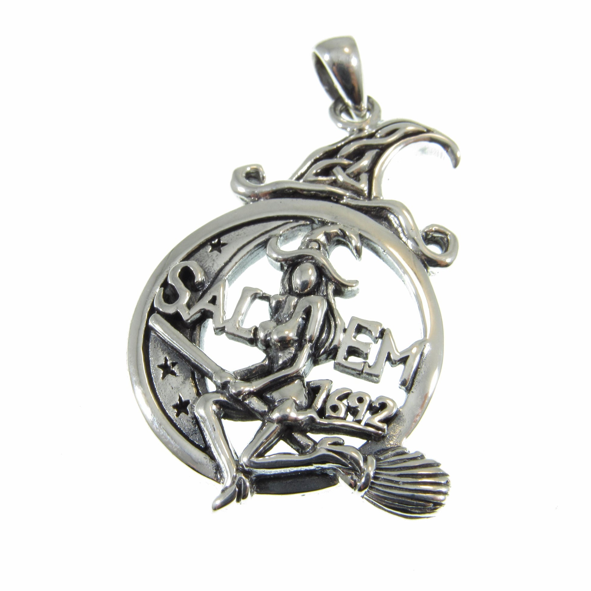 Solid 925 Sterling Silver Salem Witch Pendant, 1692 Salem Witch Trial Amulet, Occultist Flying on Broom, Celtic Knots Crescent Moon Pendant