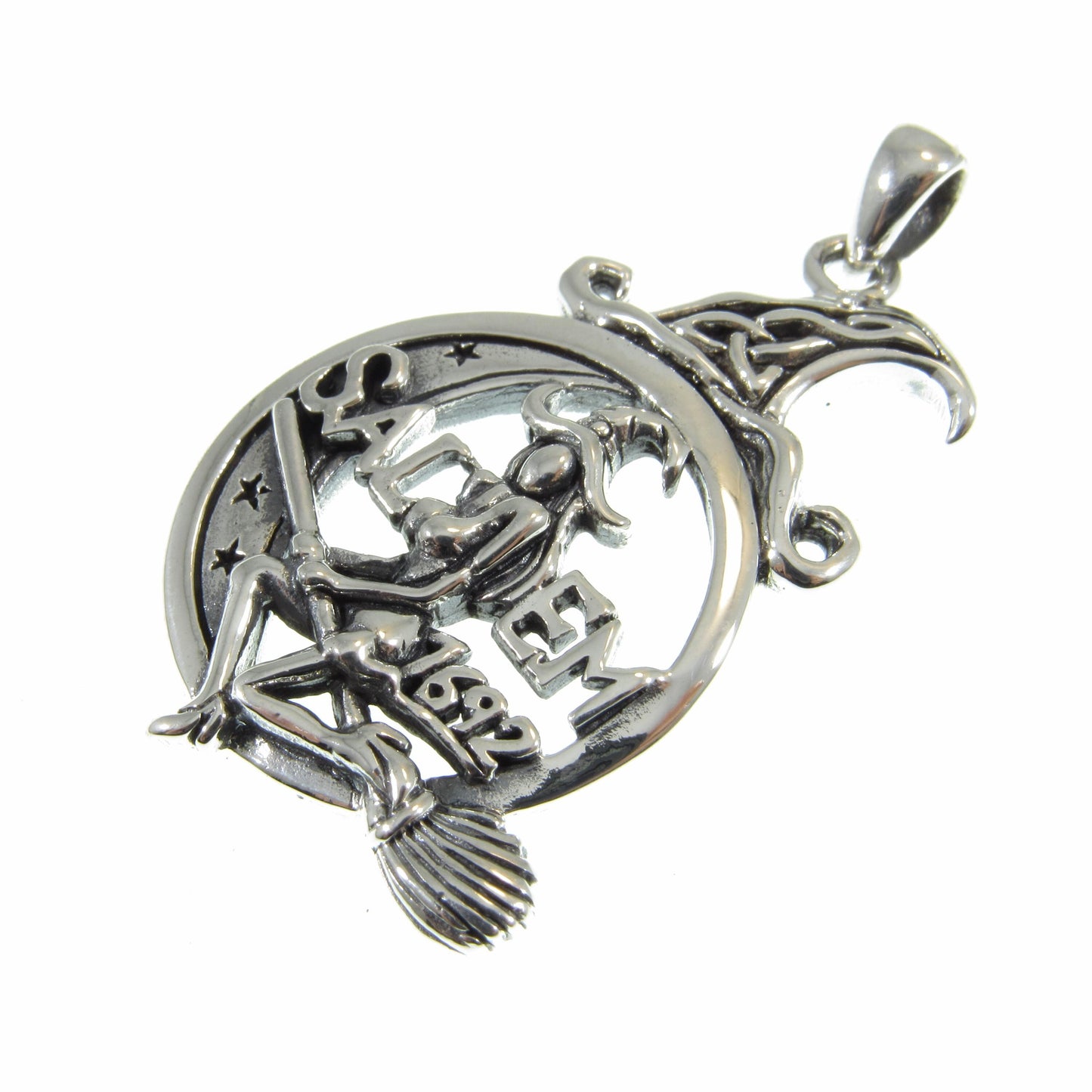Solid 925 Sterling Silver Salem Witch Pendant, 1692 Salem Witch Trial Amulet, Occultist Flying on Broom, Celtic Knots Crescent Moon Pendant