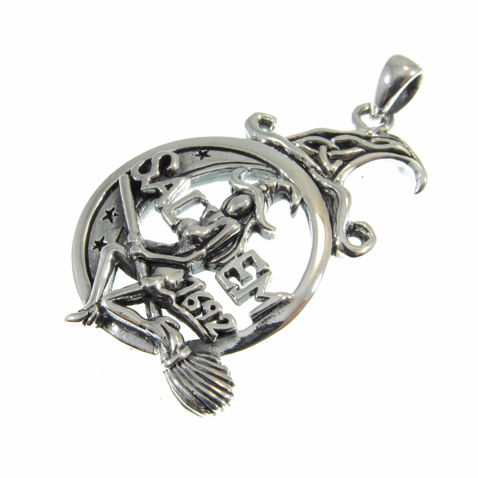 Solid 925 Sterling Silver Salem Witch Pendant, 1692 Salem Witch Trial Amulet, Occultist Flying on Broom, Celtic Knots Crescent Moon Pendant