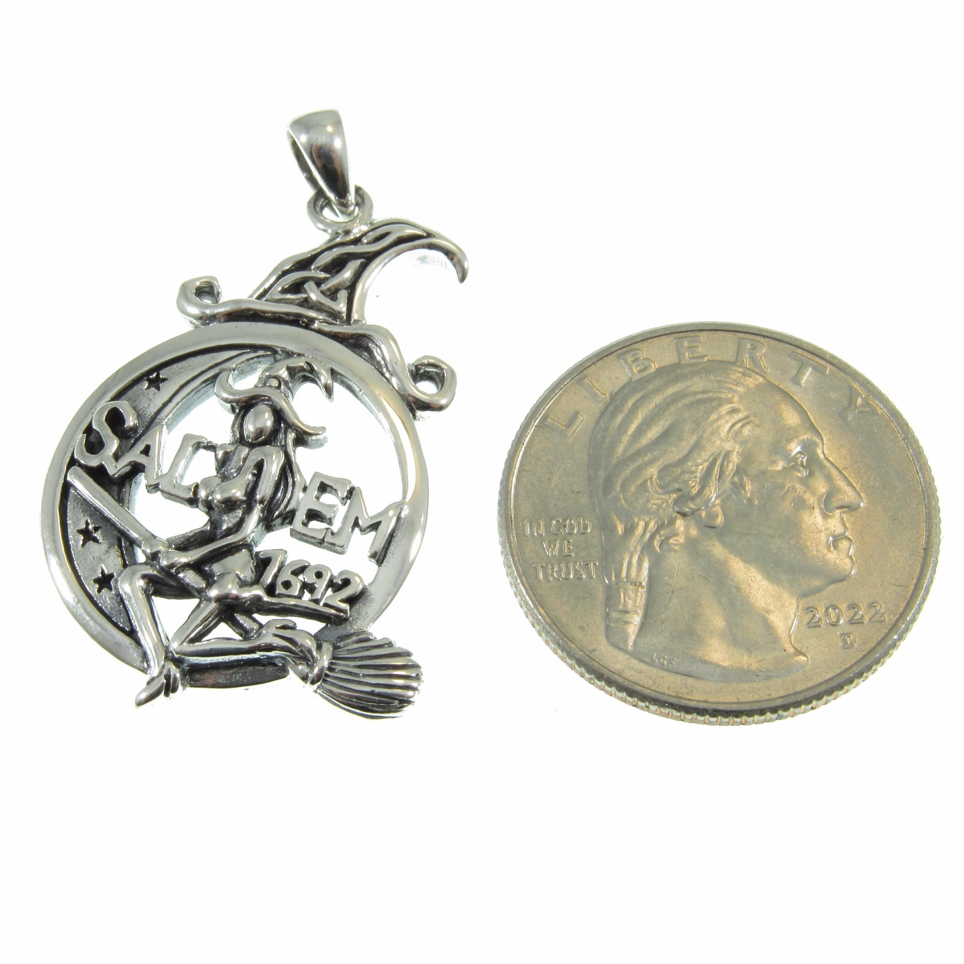 Solid 925 Sterling Silver Salem Witch Pendant, 1692 Salem Witch Trial Amulet, Occultist Flying on Broom, Celtic Knots Crescent Moon Pendant
