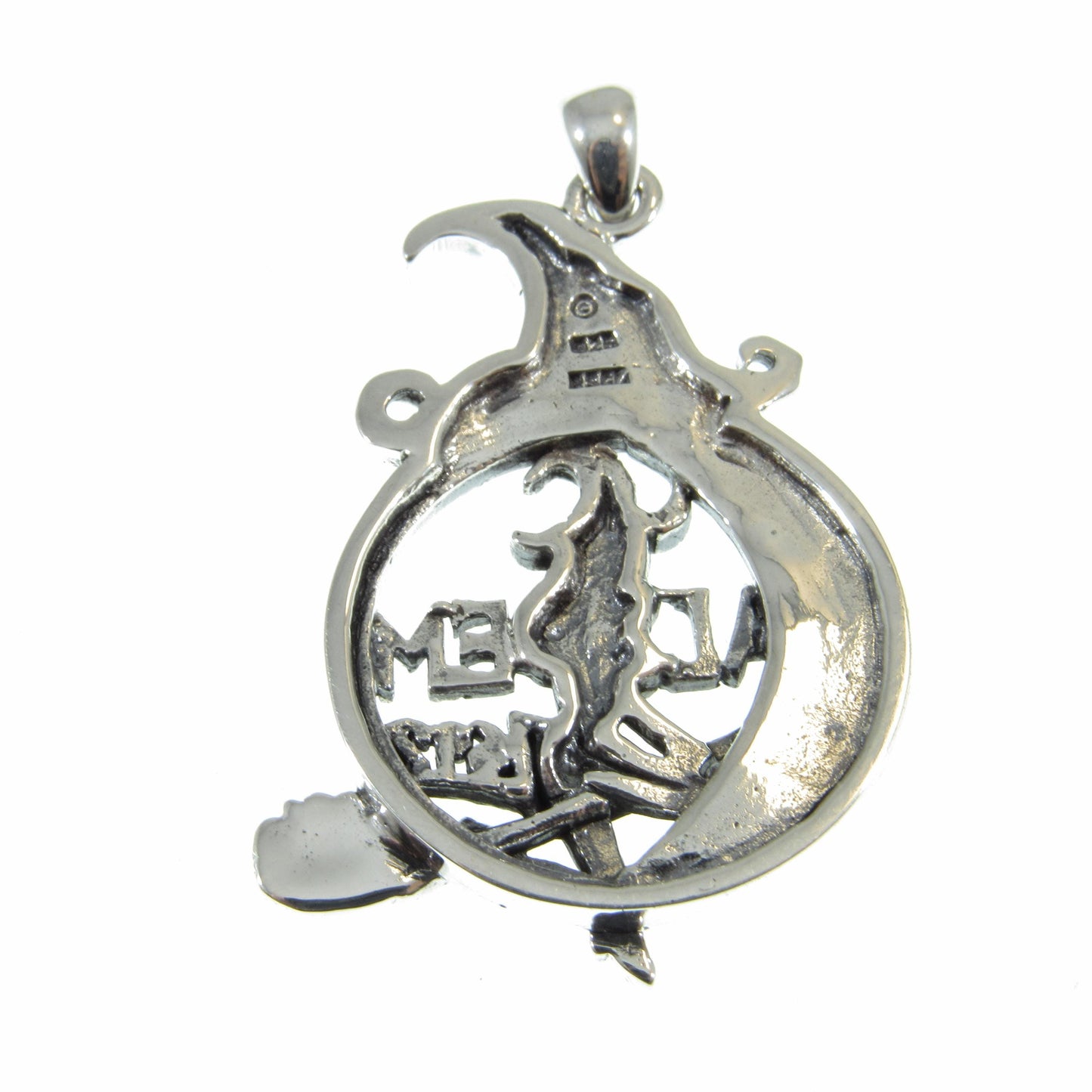 Solid 925 Sterling Silver Salem Witch Pendant, 1692 Salem Witch Trial Amulet, Occultist Flying on Broom, Celtic Knots Crescent Moon Pendant
