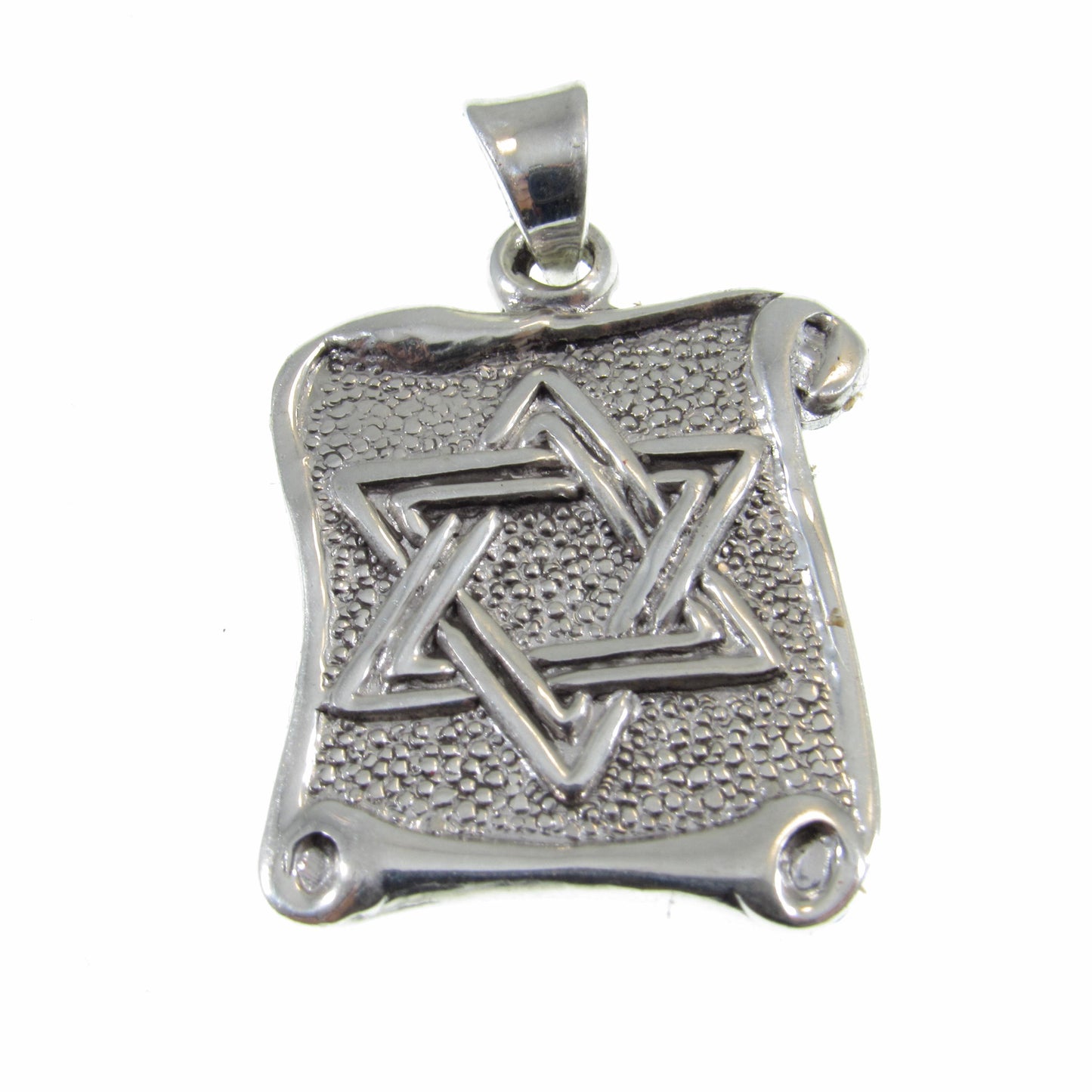 Solid 925 Sterling Silver Hebrew Star of David Pendant with Scrolls, Hammered Metal on Parchment, Jewish Charm, Religious Jewelry