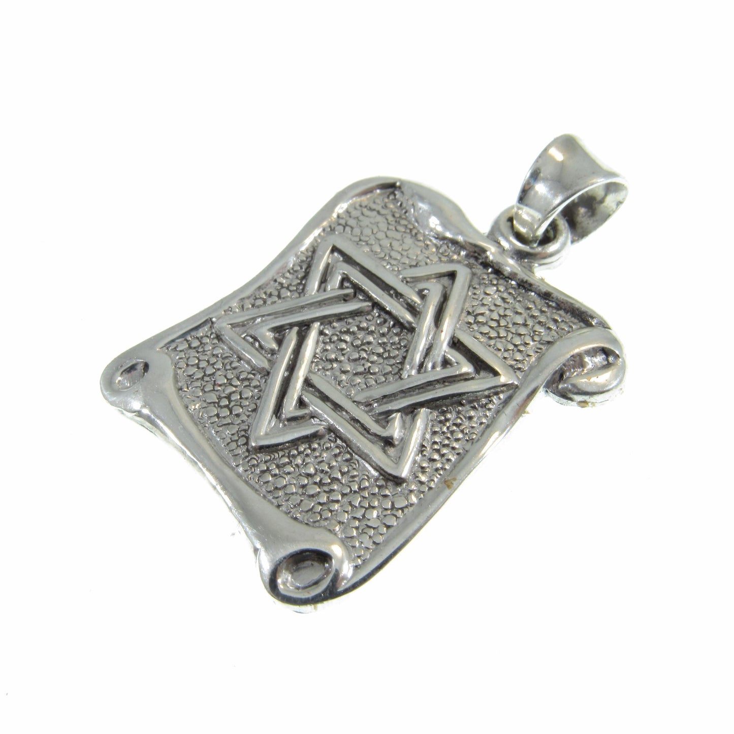 Solid 925 Sterling Silver Hebrew Star of David Pendant with Scrolls, Hammered Metal on Parchment, Jewish Charm, Religious Jewelry