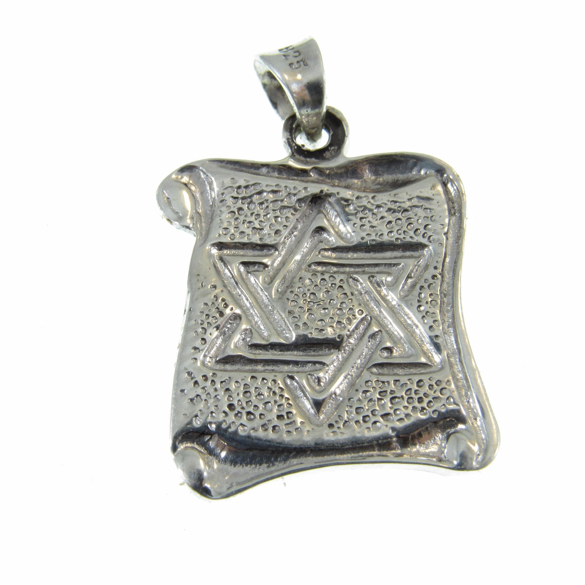 Solid 925 Sterling Silver Hebrew Star of David Pendant with Scrolls, Hammered Metal on Parchment, Jewish Charm, Religious Jewelry