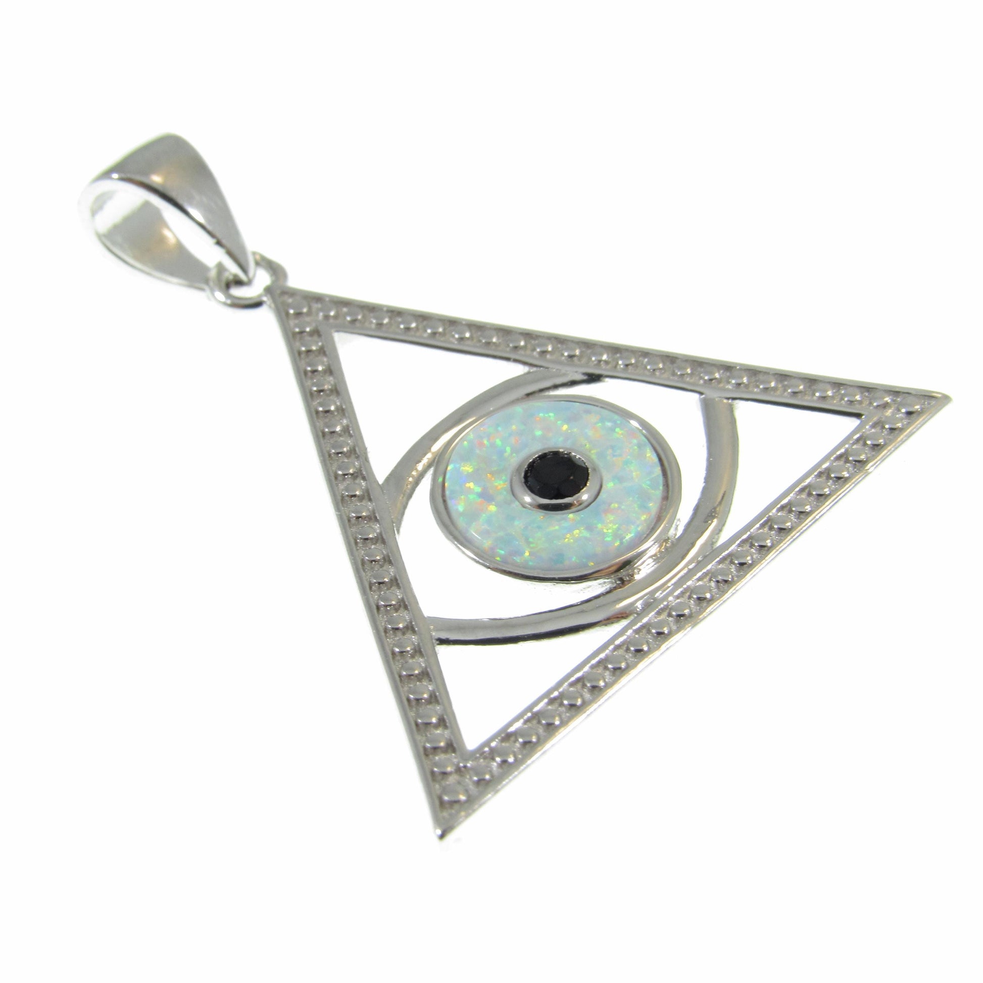 Solid 925 Sterling Silver and Blue or White Opal Eye of Providence Pyramid Pendant, Handcrafted All Seeing Eye in Triangle Charm