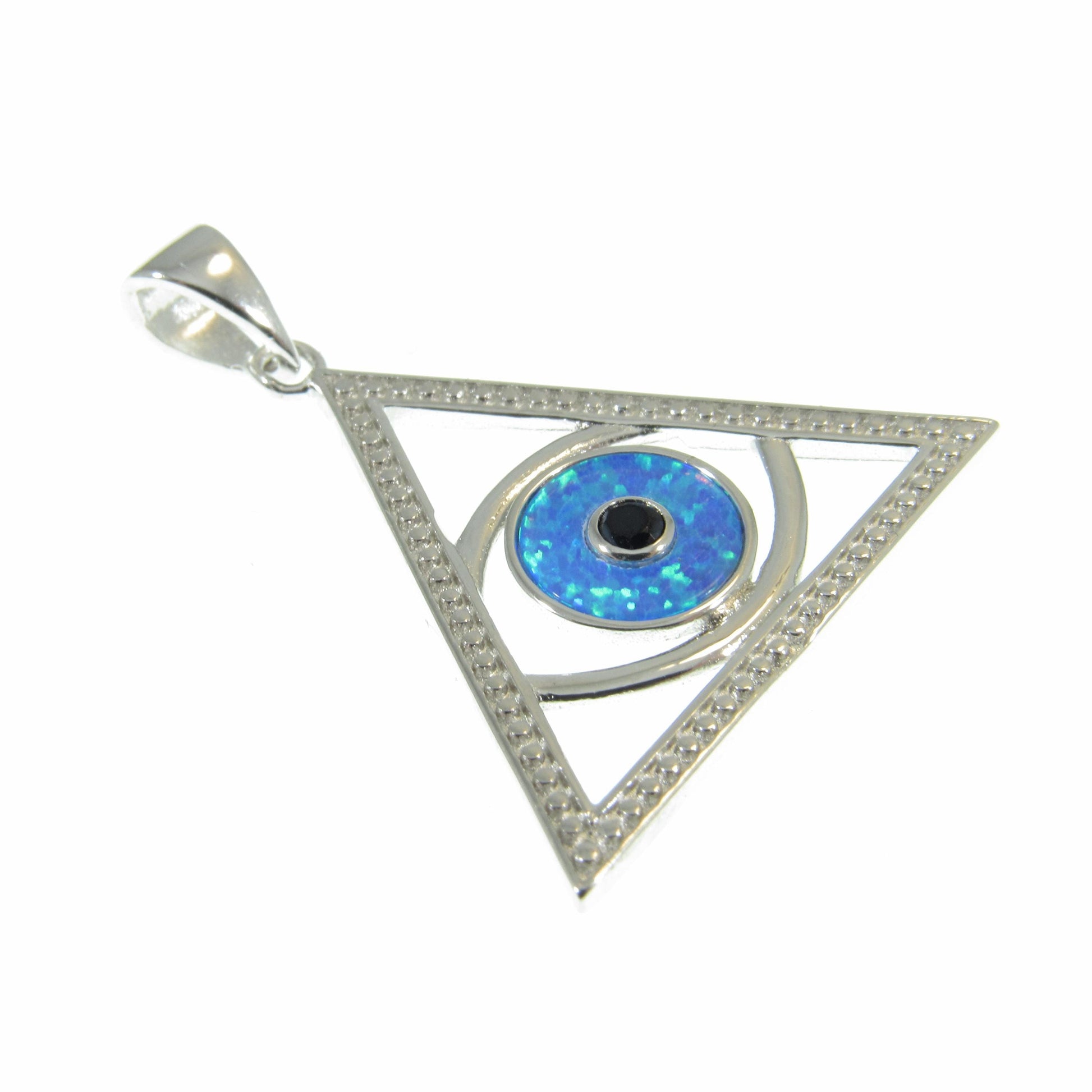 Solid 925 Sterling Silver and Blue or White Opal Eye of Providence Pyramid Pendant, Handcrafted All Seeing Eye in Triangle Charm