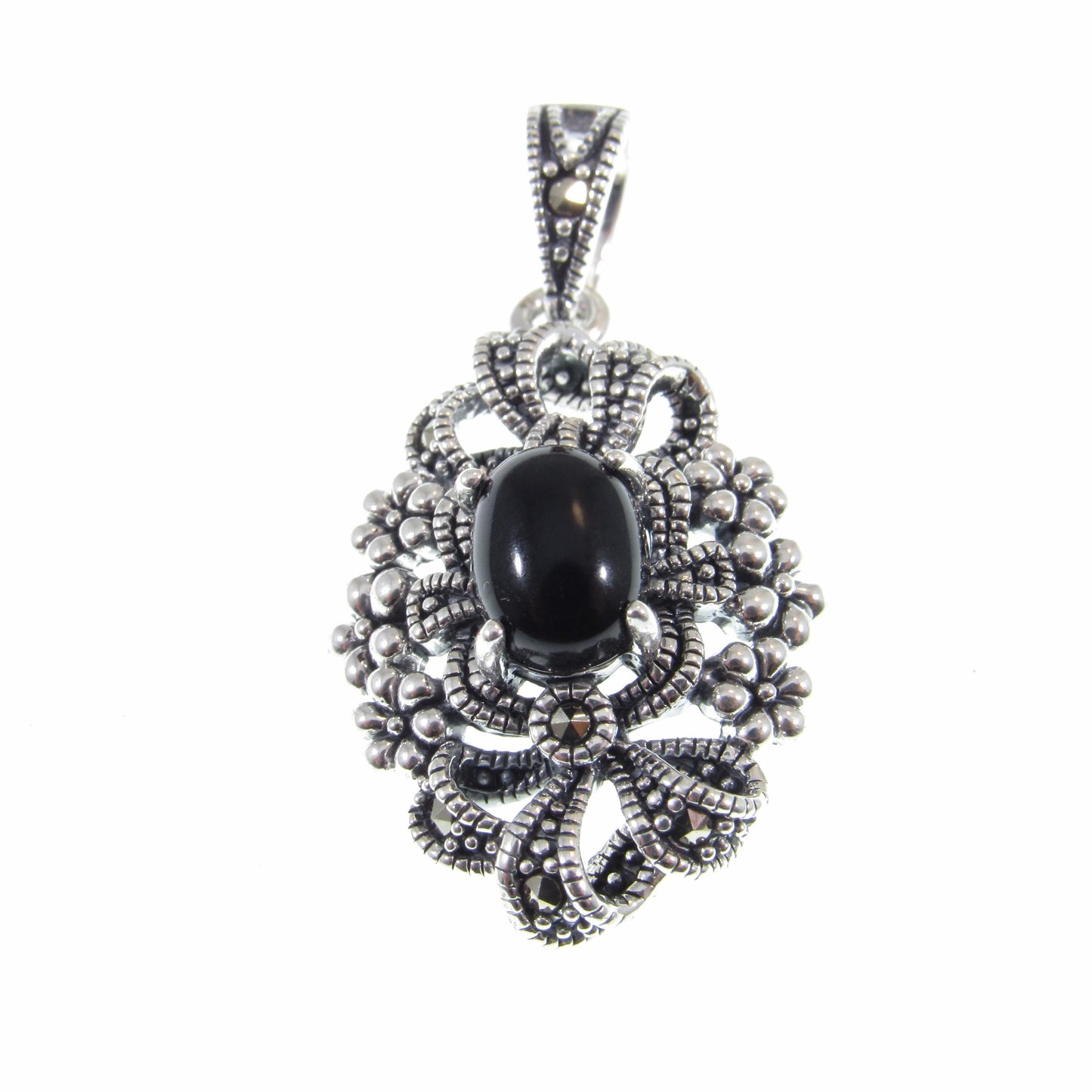 Solid 925 Sterling Silver & Black Onyx Pendant, Floral Ribbon Marcasite Jewelry, Antiqued Design, Bohemian Style, Elegant Statement Piece