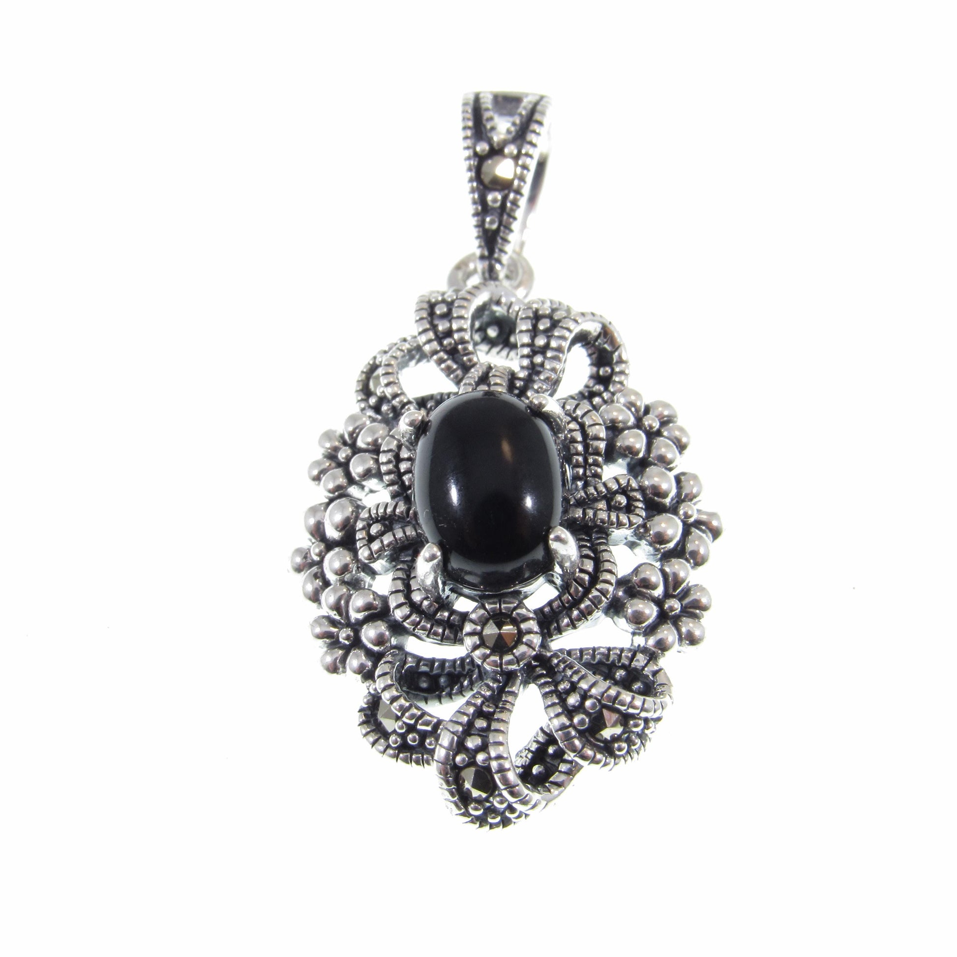 Solid 925 Sterling Silver & Black Onyx Pendant, Floral Ribbon Marcasite Jewelry, Antiqued Design, Bohemian Style, Elegant Statement Piece