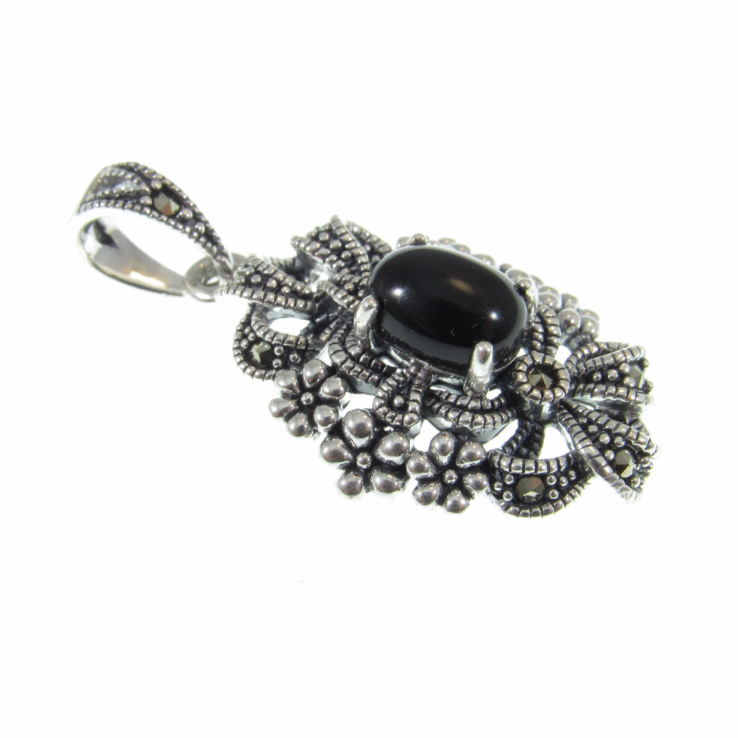 Solid 925 Sterling Silver & Black Onyx Pendant, Floral Ribbon Marcasite Jewelry, Antiqued Design, Bohemian Style, Elegant Statement Piece