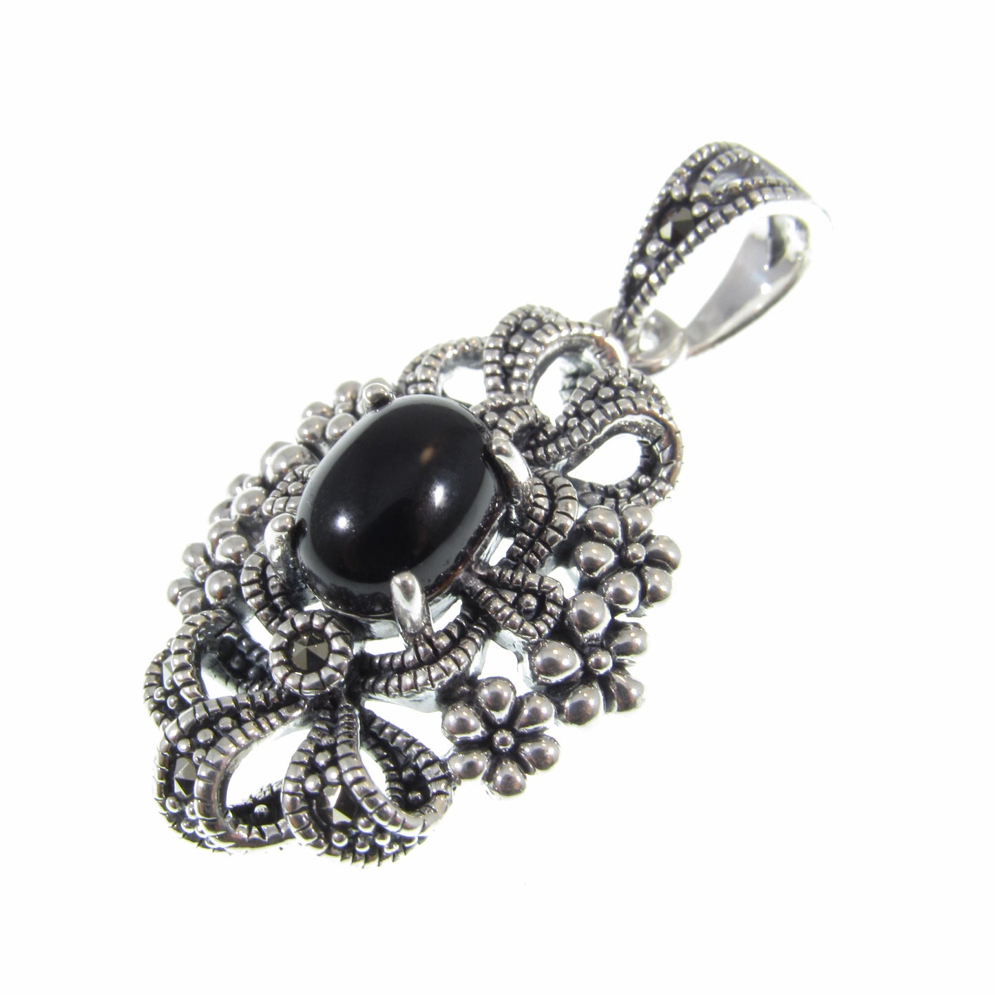 Solid 925 Sterling Silver & Black Onyx Pendant, Floral Ribbon Marcasite Jewelry, Antiqued Design, Bohemian Style, Elegant Statement Piece
