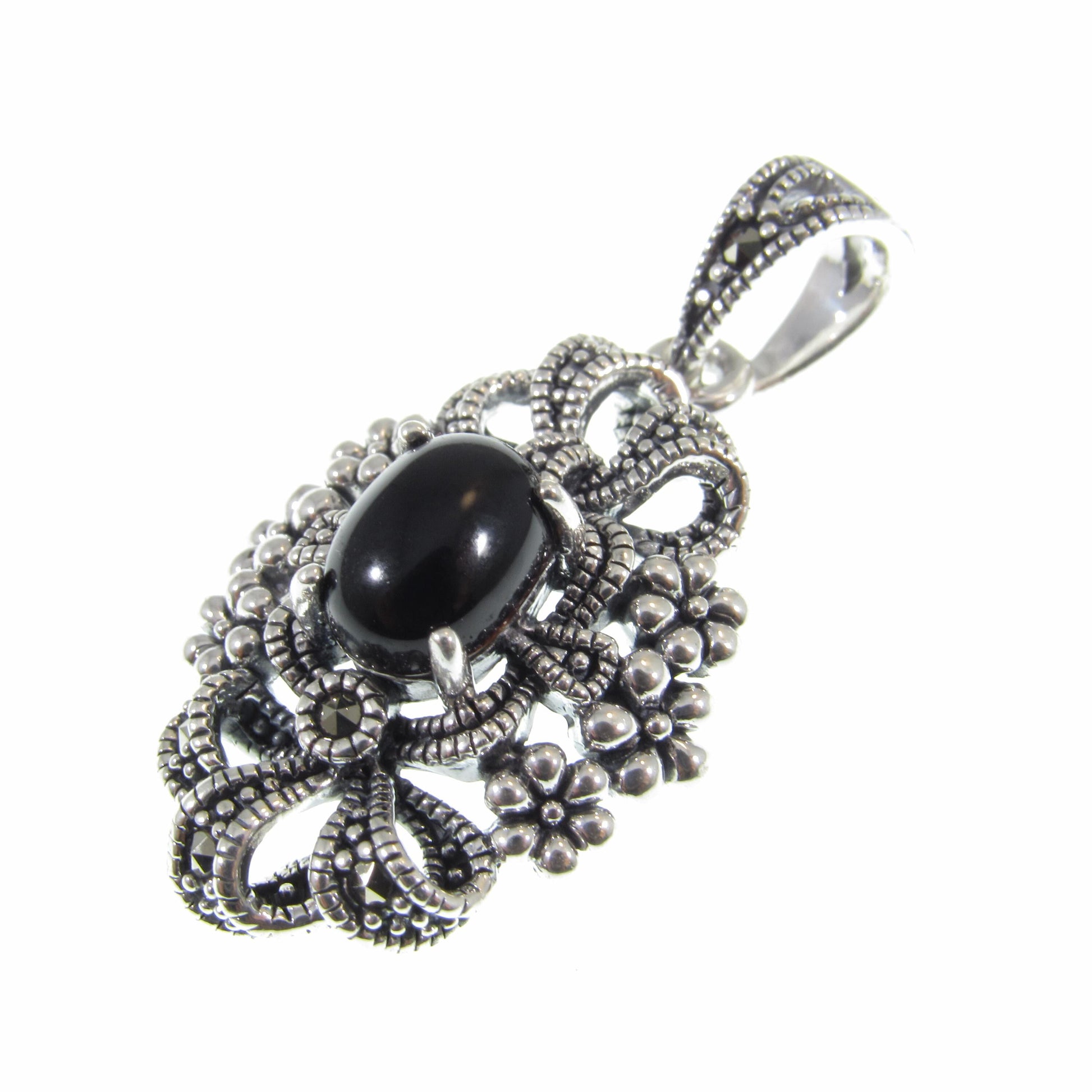 Solid 925 Sterling Silver & Black Onyx Pendant, Floral Ribbon Marcasite Jewelry, Antiqued Design, Bohemian Style, Elegant Statement Piece