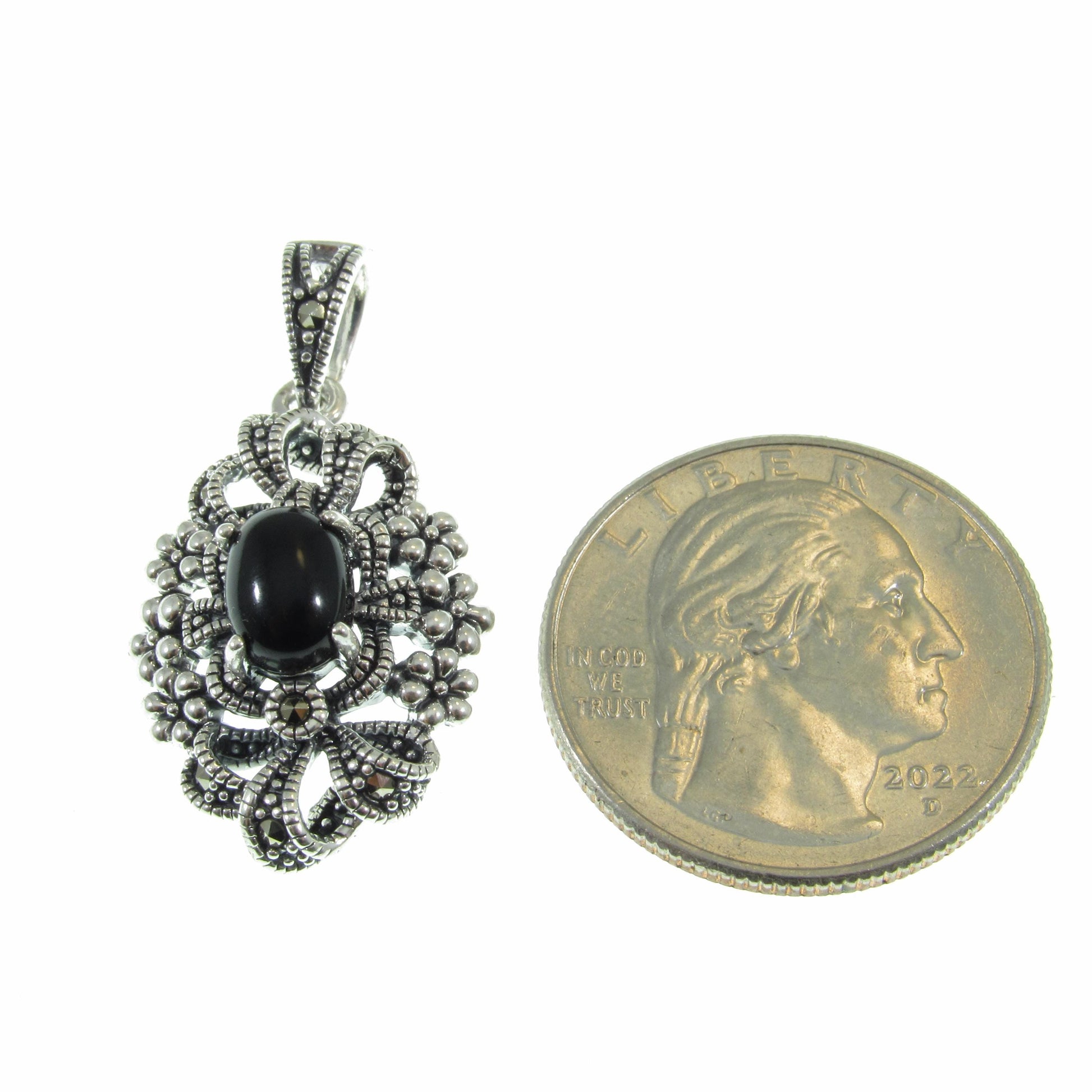 Solid 925 Sterling Silver & Black Onyx Pendant, Floral Ribbon Marcasite Jewelry, Antiqued Design, Bohemian Style, Elegant Statement Piece