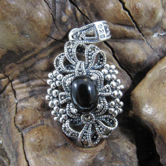 Solid 925 Sterling Silver & Black Onyx Pendant, Floral Ribbon Marcasite Jewelry, Antiqued Design, Bohemian Style, Elegant Statement Piece