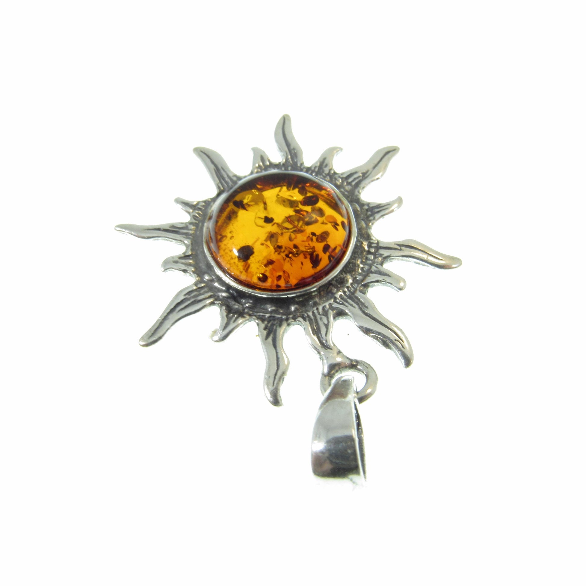 Solid 925 Sterling Silver Baltic Honey or Green Amber Celestial Sun Pendant - Sunburst Amulet - Solar Energy Charm - Unique Cosmic Jewelry