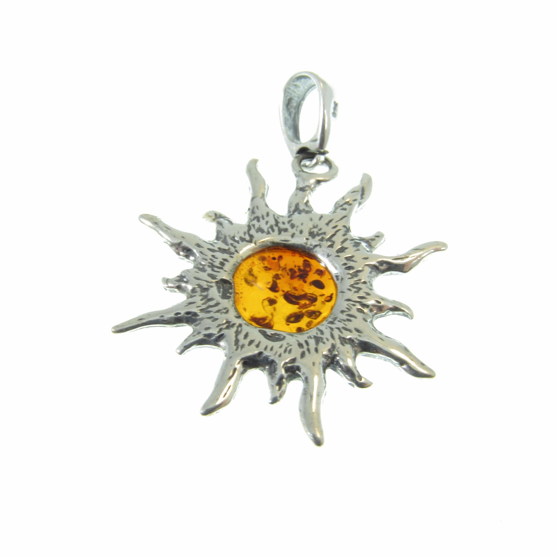 Solid 925 Sterling Silver Baltic Honey or Green Amber Celestial Sun Pendant - Sunburst Amulet - Solar Energy Charm - Unique Cosmic Jewelry