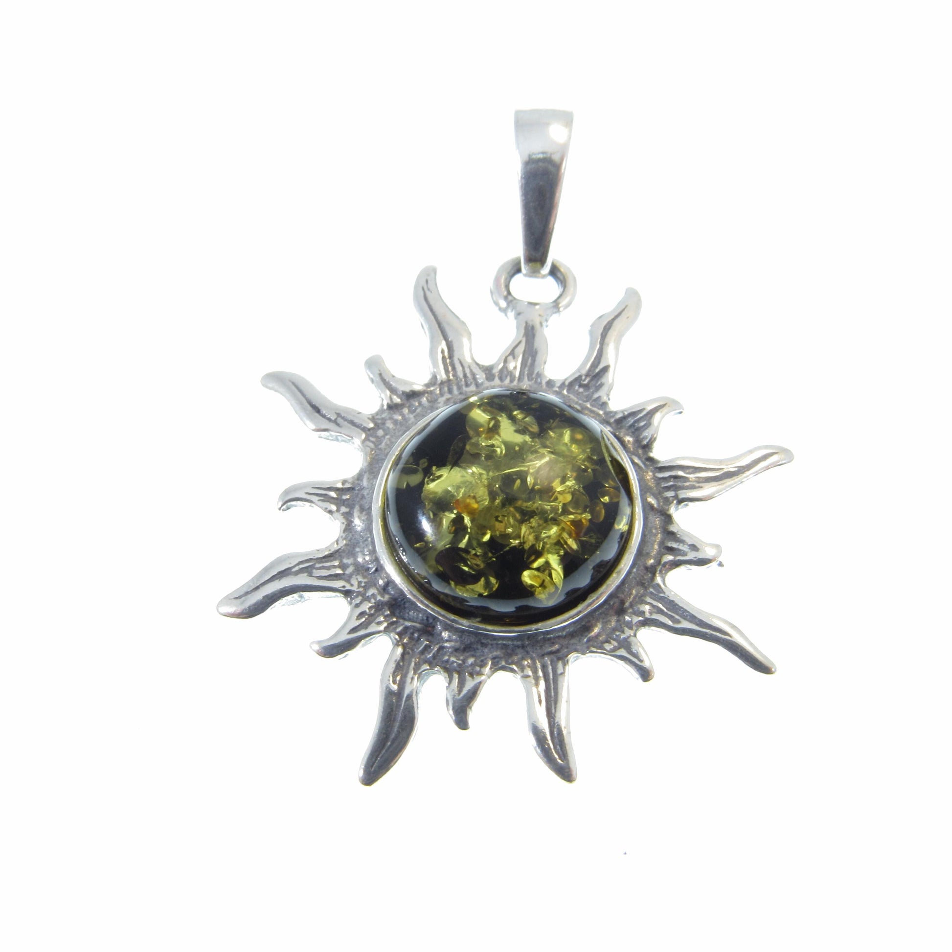 Solid 925 Sterling Silver Baltic Honey or Green Amber Celestial Sun Pendant - Sunburst Amulet - Solar Energy Charm - Unique Cosmic Jewelry