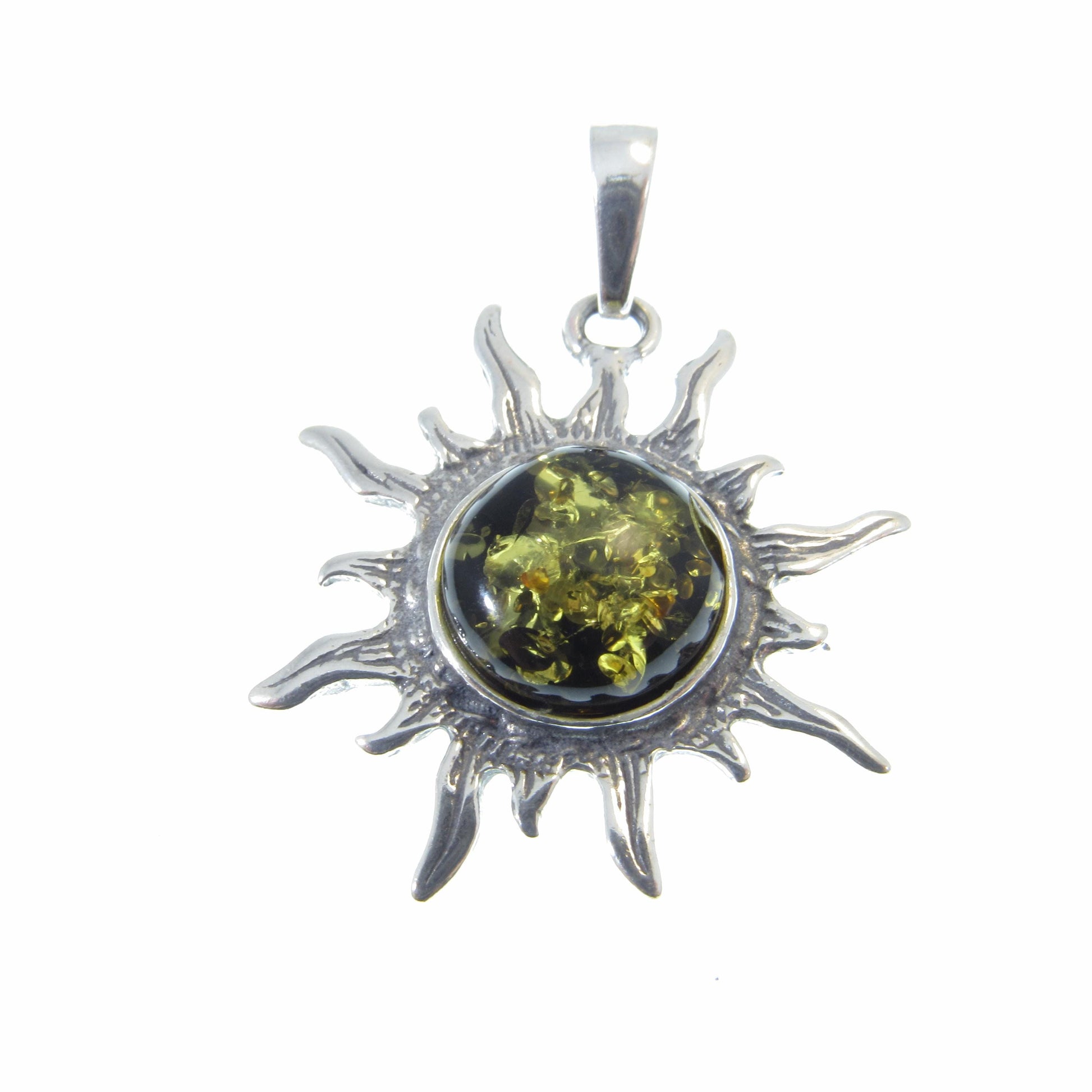 Solid 925 Sterling Silver Amber Sun Pendant – Baltic Amber Solar Necklace, Honey or Green