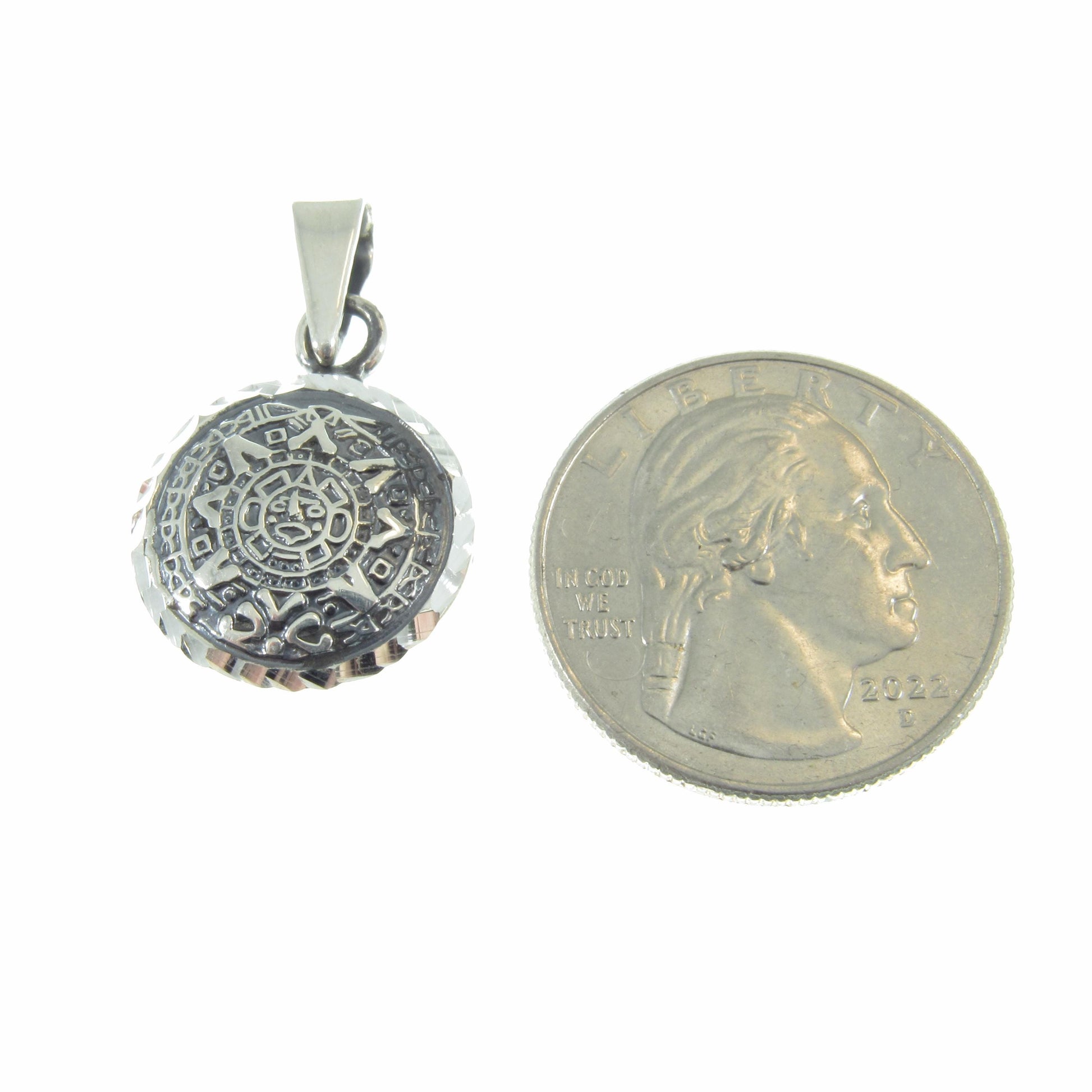 Solid 925 Sterling Silver Puffed Aztec Sun Stone Pendant, Handcrafted Mayan Calendar Charm, Zodiac Wheel Amulet, Sacred Round Jewelry