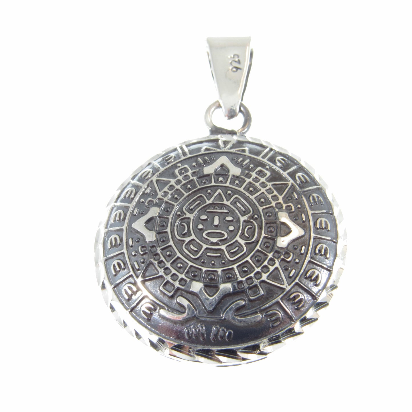 Solid 925 Sterling Silver Puffed Aztec Sun Stone Pendant, Handcrafted Mayan Calendar Charm, Zodiac Wheel Amulet, Sacred Round Jewelry