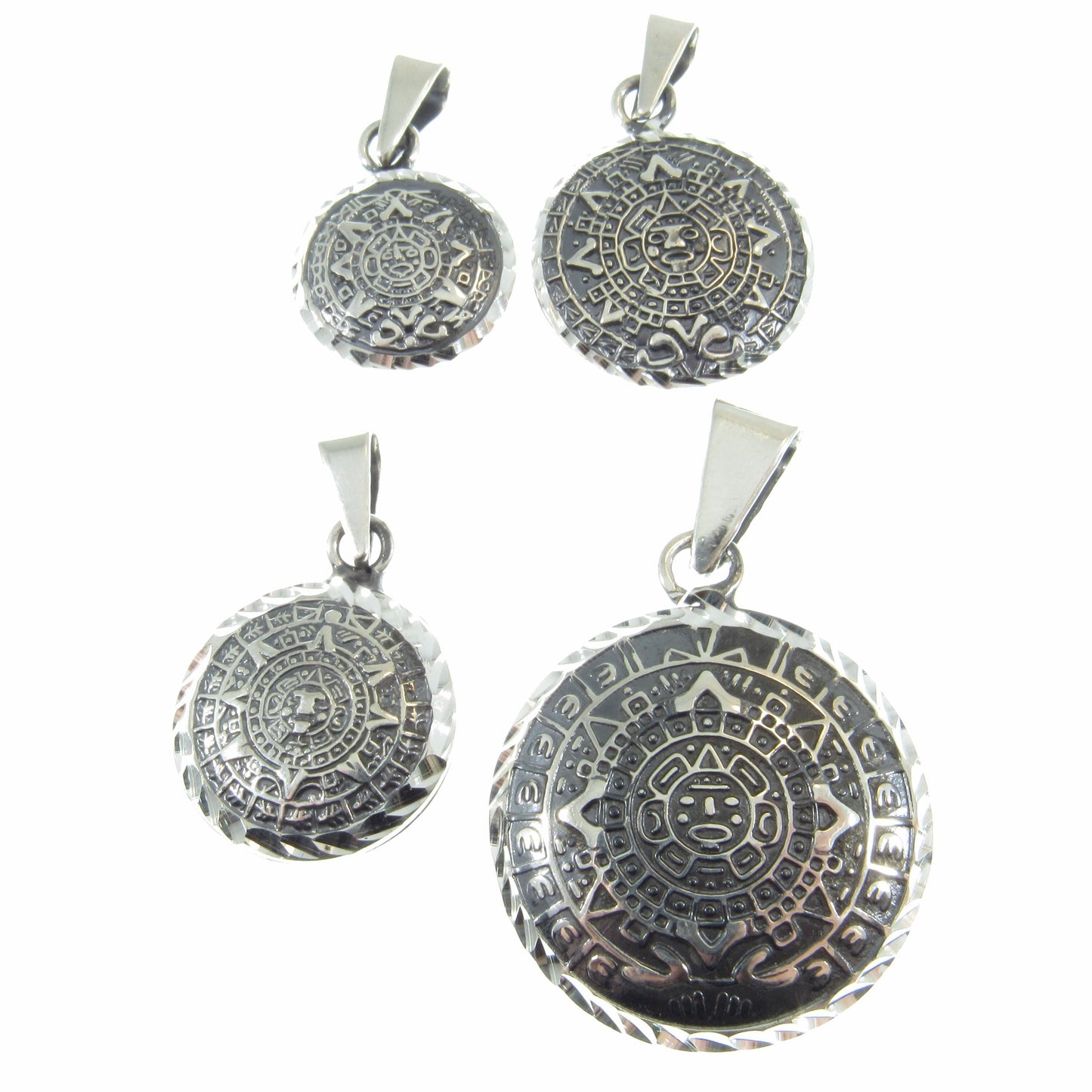 Solid 925 Sterling Silver Puffed Aztec Sun Stone Pendant, Handcrafted Mayan Calendar Charm, Zodiac Wheel Amulet, Sacred Round Jewelry