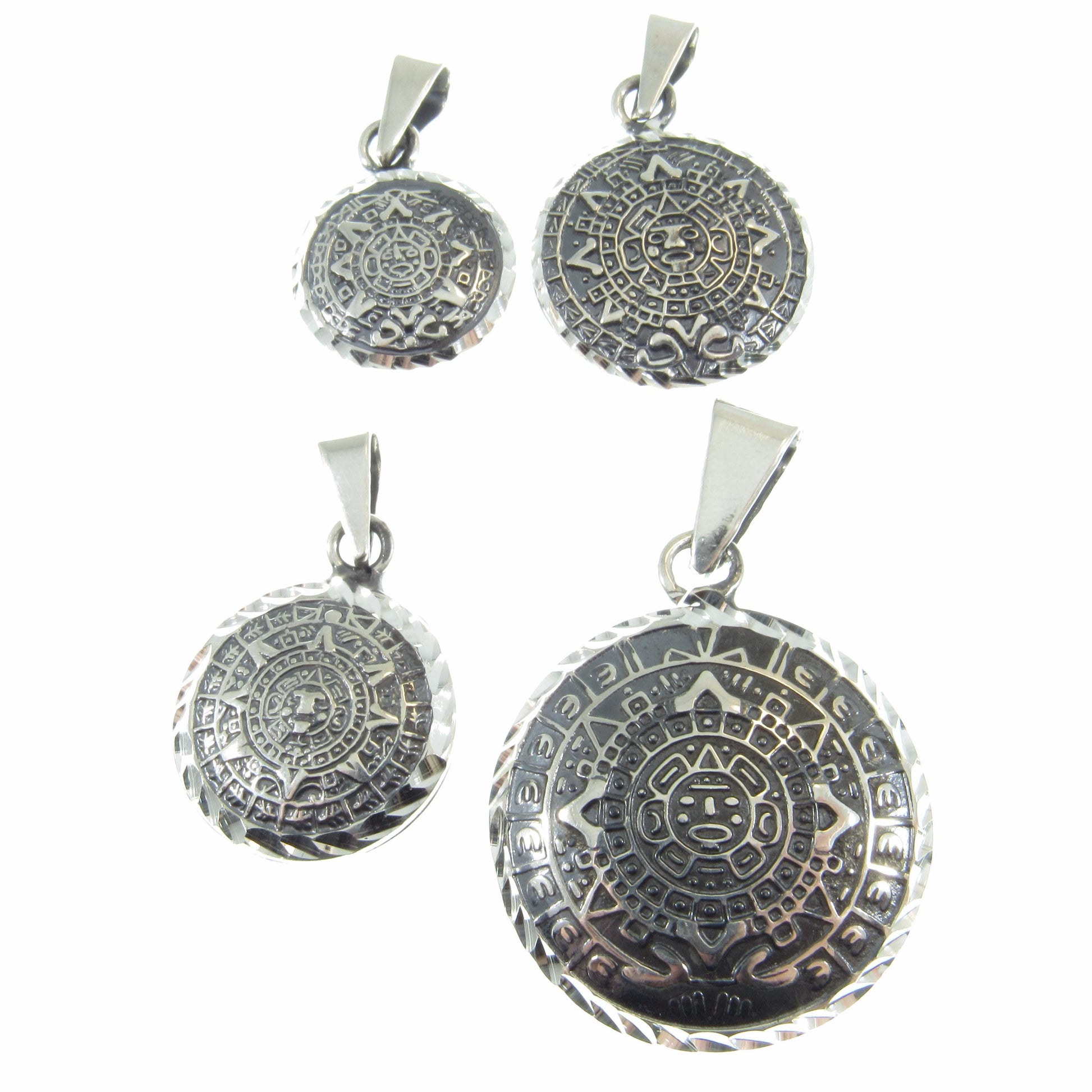 Solid 925 Sterling Silver Puffed Aztec Sun Stone Pendant, Handcrafted Mayan Calendar Charm, Zodiac Wheel Amulet, Sacred Round Jewelry